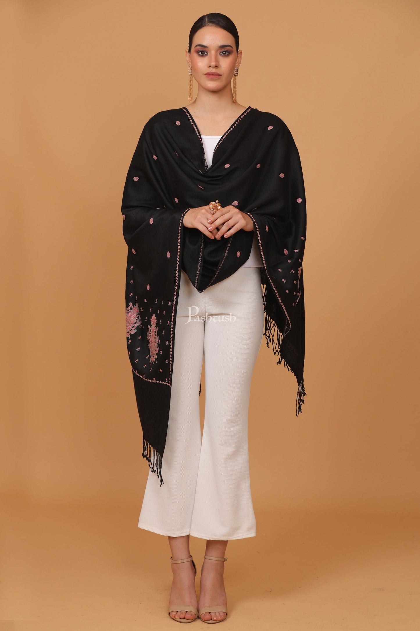 Pashtush India Womens Stoles and Scarves Scarf Pashtush womens Fine Wool stole, booti design, Black