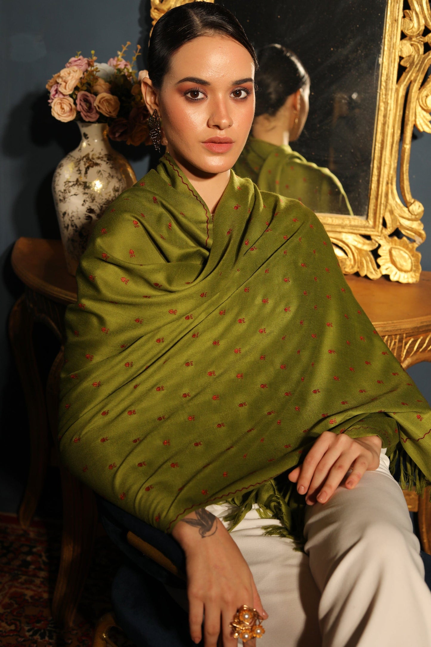 Pashtush India Womens Stoles and Scarves Scarf Pashtush womens Fine Wool stole, booti design, Emerald Green