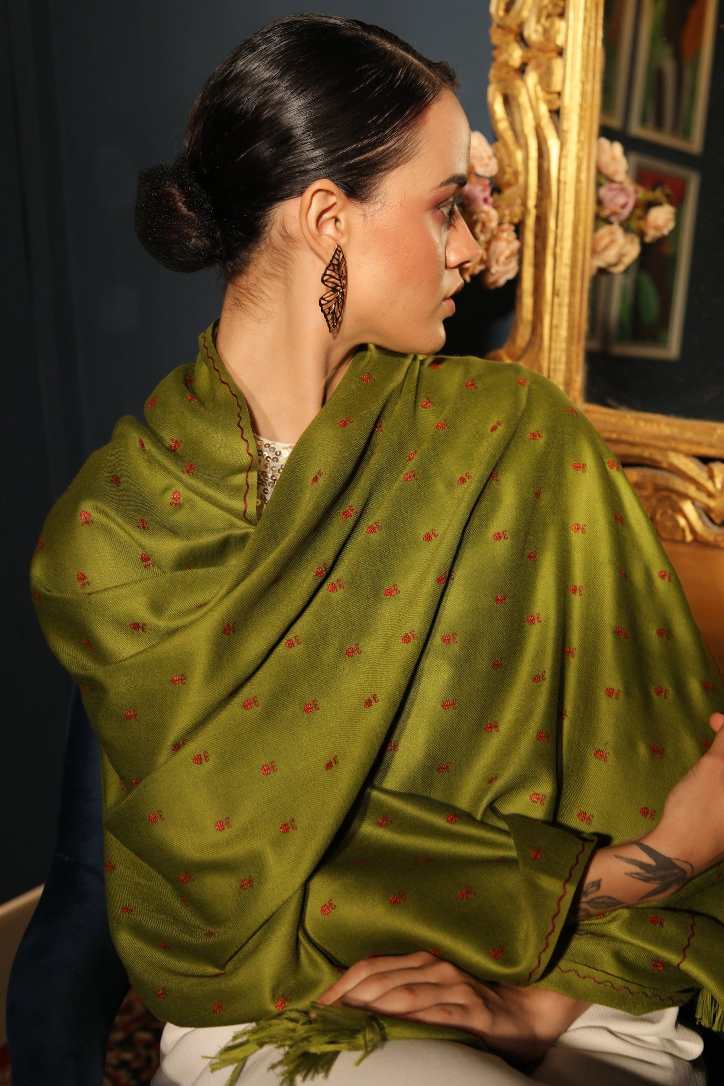 Pashtush India Womens Stoles and Scarves Scarf Pashtush womens Fine Wool stole, booti design, Emerald Green