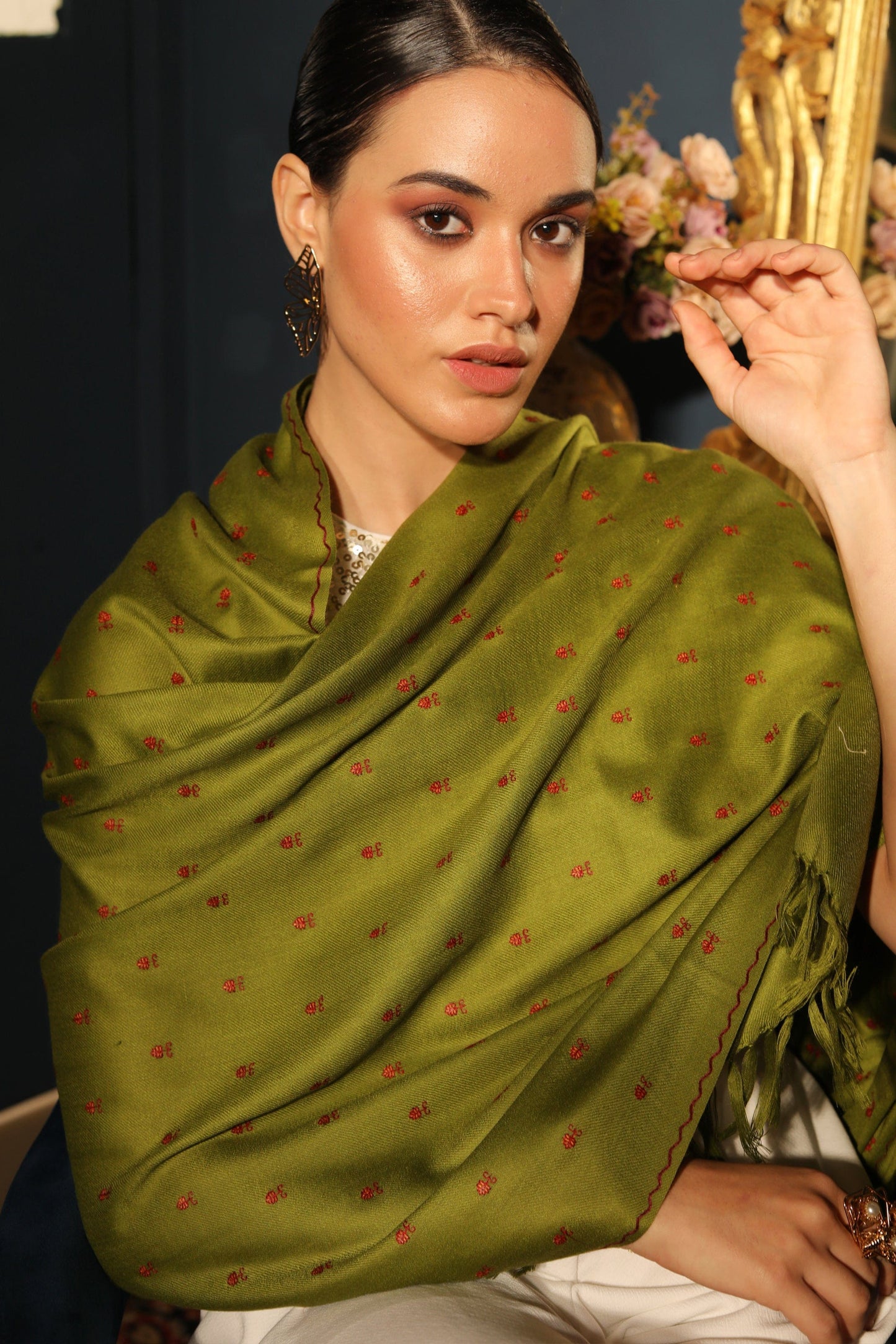 Pashtush India Womens Stoles and Scarves Scarf Pashtush womens Fine Wool stole, booti design, Emerald Green