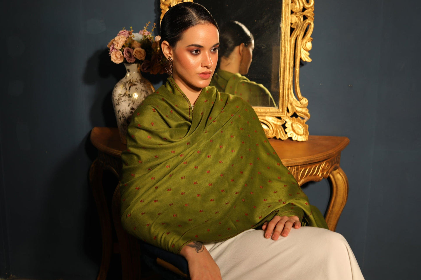 Pashtush India Womens Stoles and Scarves Scarf Pashtush womens Fine Wool stole, booti design, Emerald Green