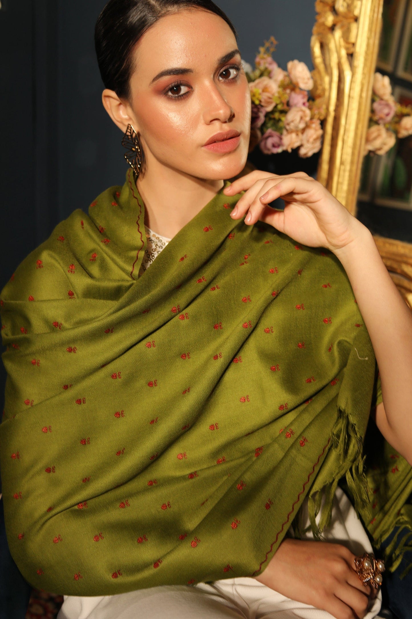 Pashtush India Womens Stoles and Scarves Scarf Pashtush womens Fine Wool stole, booti design, Emerald Green