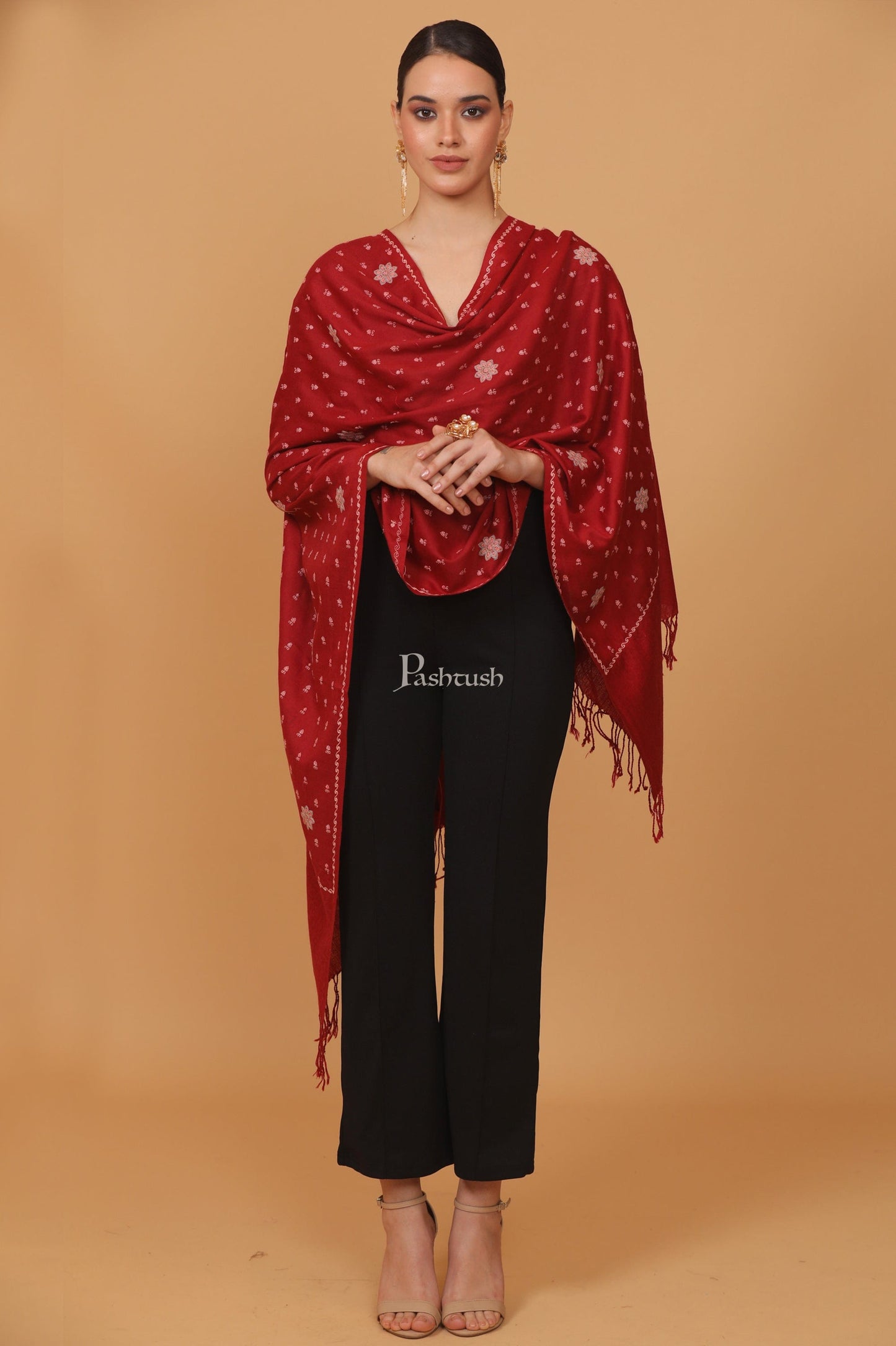 Pashtush India Womens Stoles and Scarves Scarf Pashtush womens Fine Wool stole, booti design, Maroon