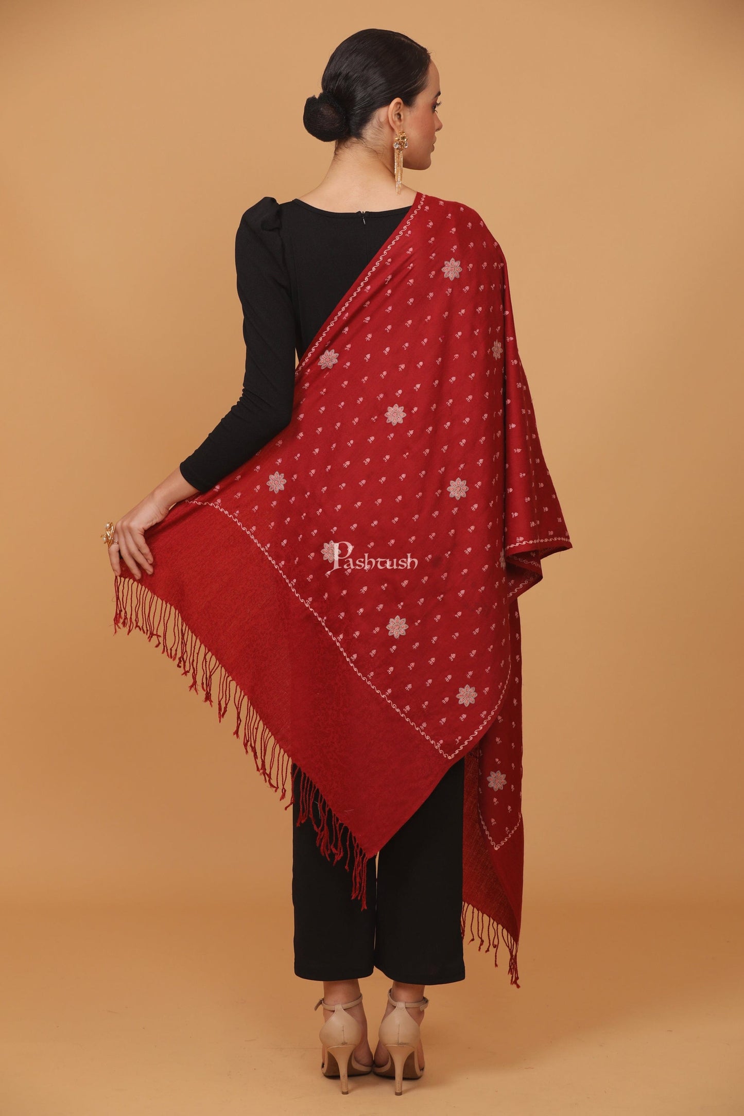 Pashtush India Womens Stoles and Scarves Scarf Pashtush womens Fine Wool stole, booti design, Maroon