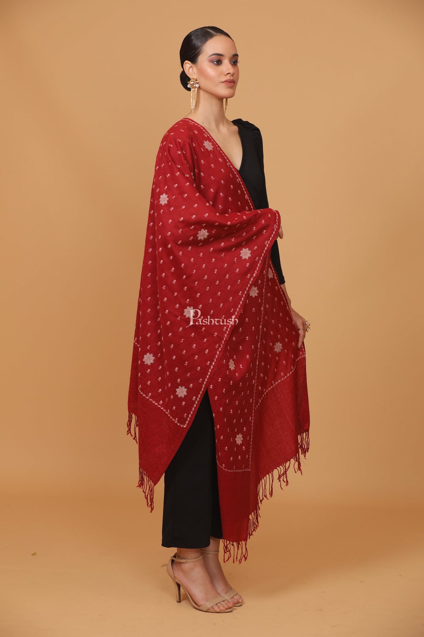 Pashtush India Womens Stoles and Scarves Scarf Pashtush womens Fine Wool stole, booti design, Maroon