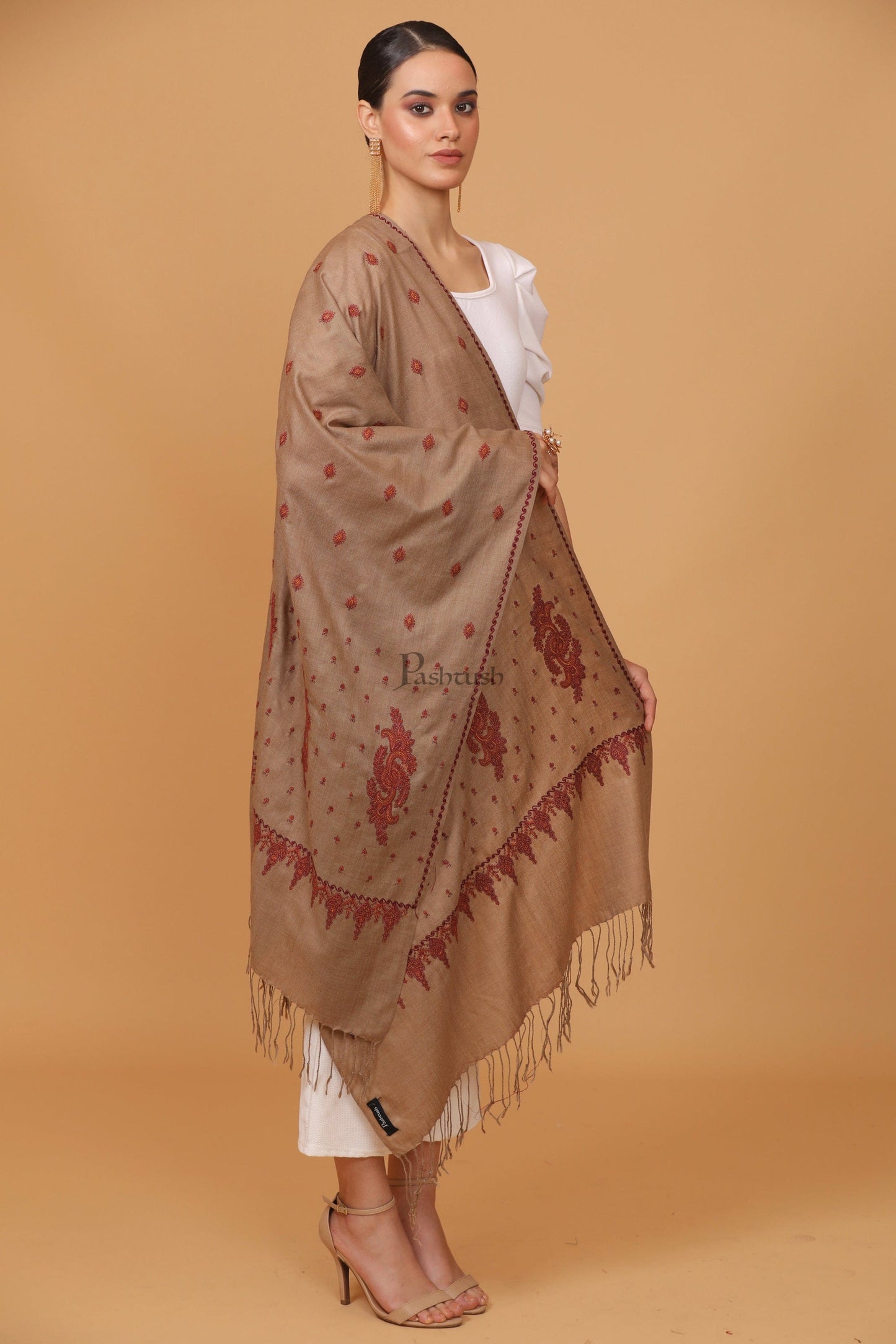 Pashtush India Womens Stoles and Scarves Scarf Pashtush womens Fine Wool stole, booti design, Taupe