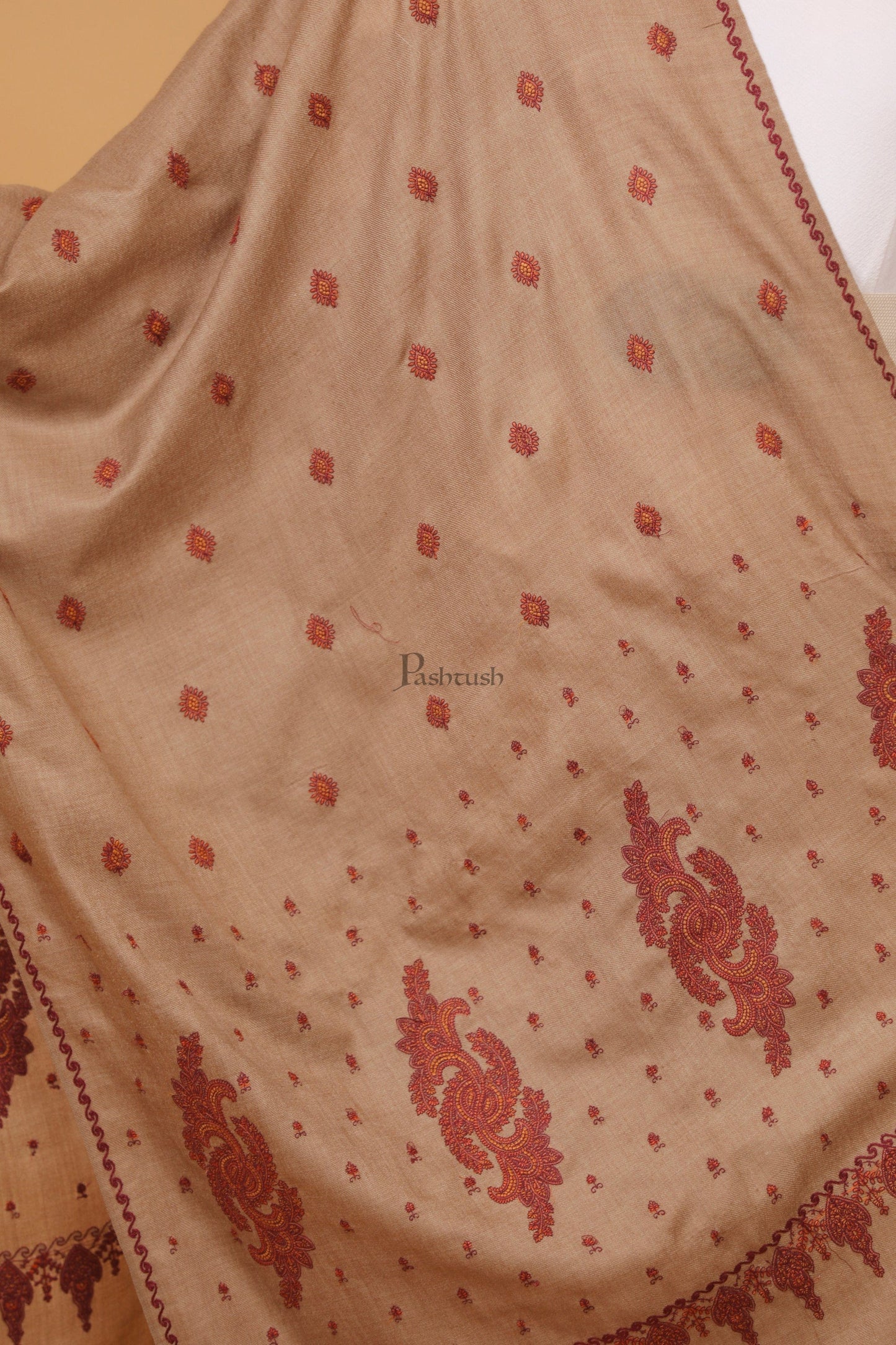 Pashtush India Womens Stoles and Scarves Scarf Pashtush womens Fine Wool stole, booti design, Taupe