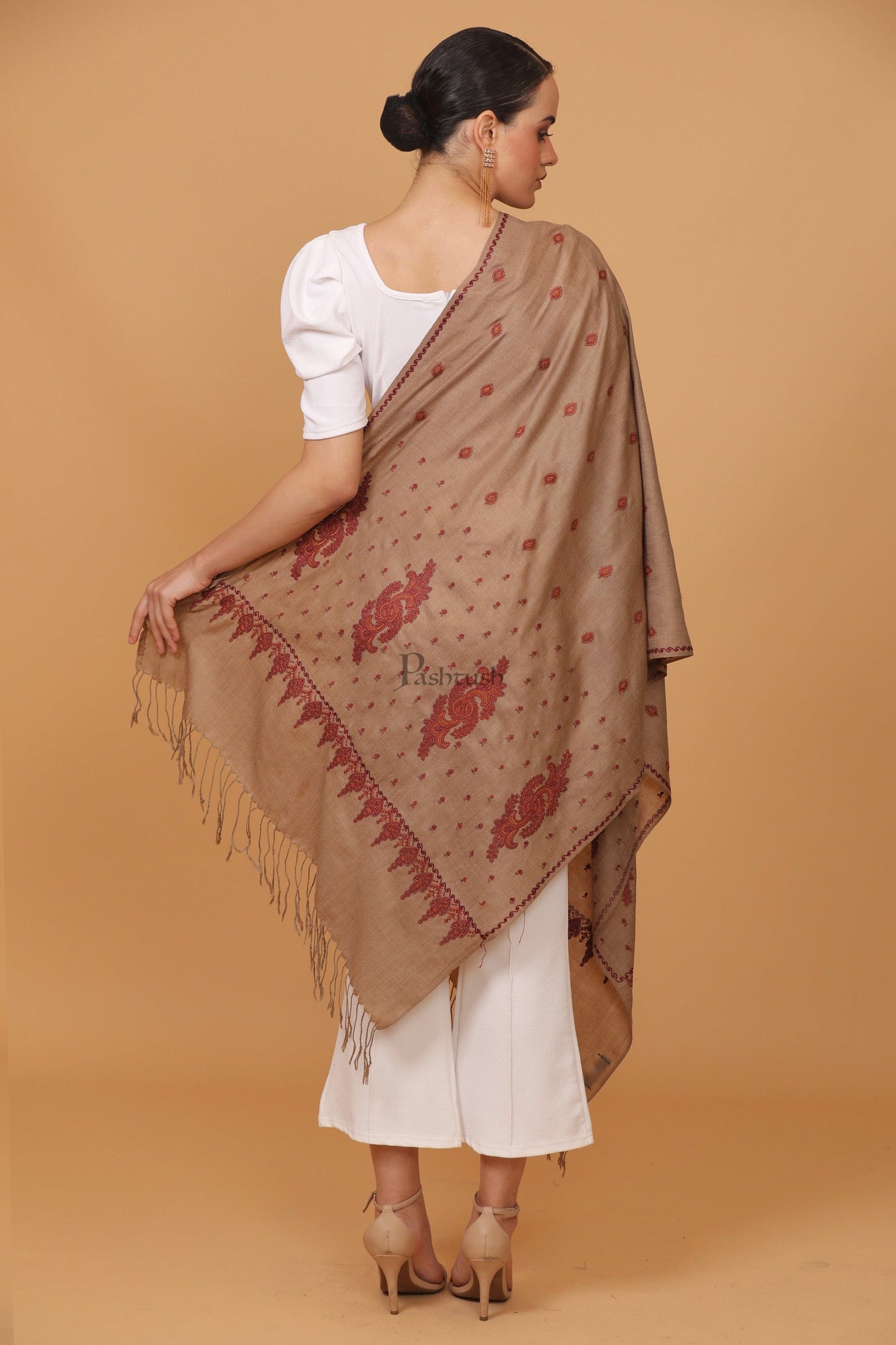 Pashtush India Womens Stoles and Scarves Scarf Pashtush womens Fine Wool stole, booti design, Taupe