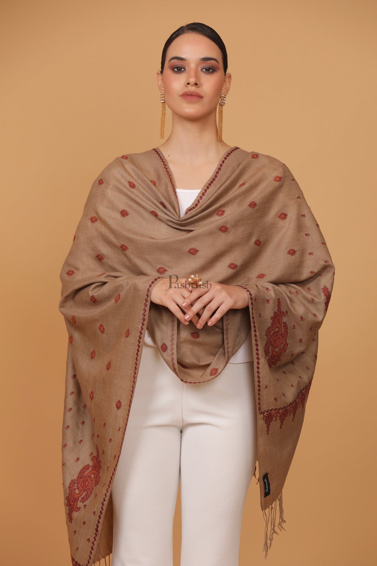 Pashtush India Womens Stoles and Scarves Scarf Pashtush womens Fine Wool stole, booti design, Taupe