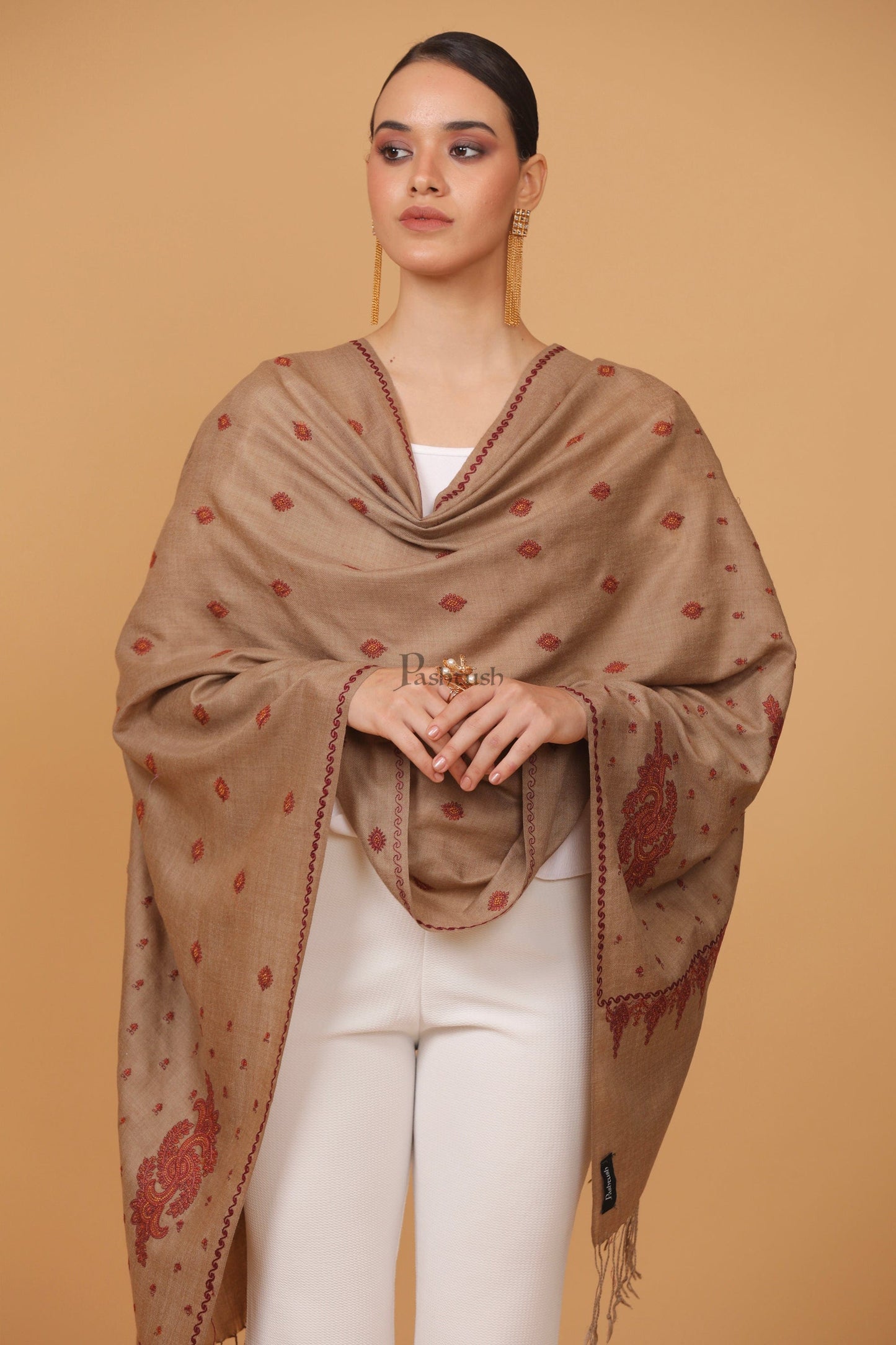 Pashtush India Womens Stoles and Scarves Scarf Pashtush womens Fine Wool stole, booti design, Taupe