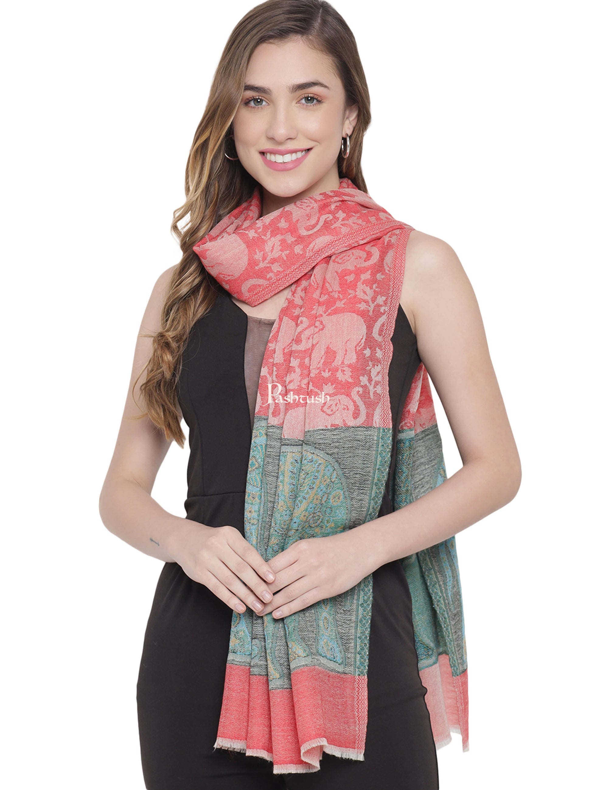 Pashtush India Womens Stoles and Scarves Scarf Pashtush Womens Fine Wool Stole, Chanting Elephants Weave, Bloom