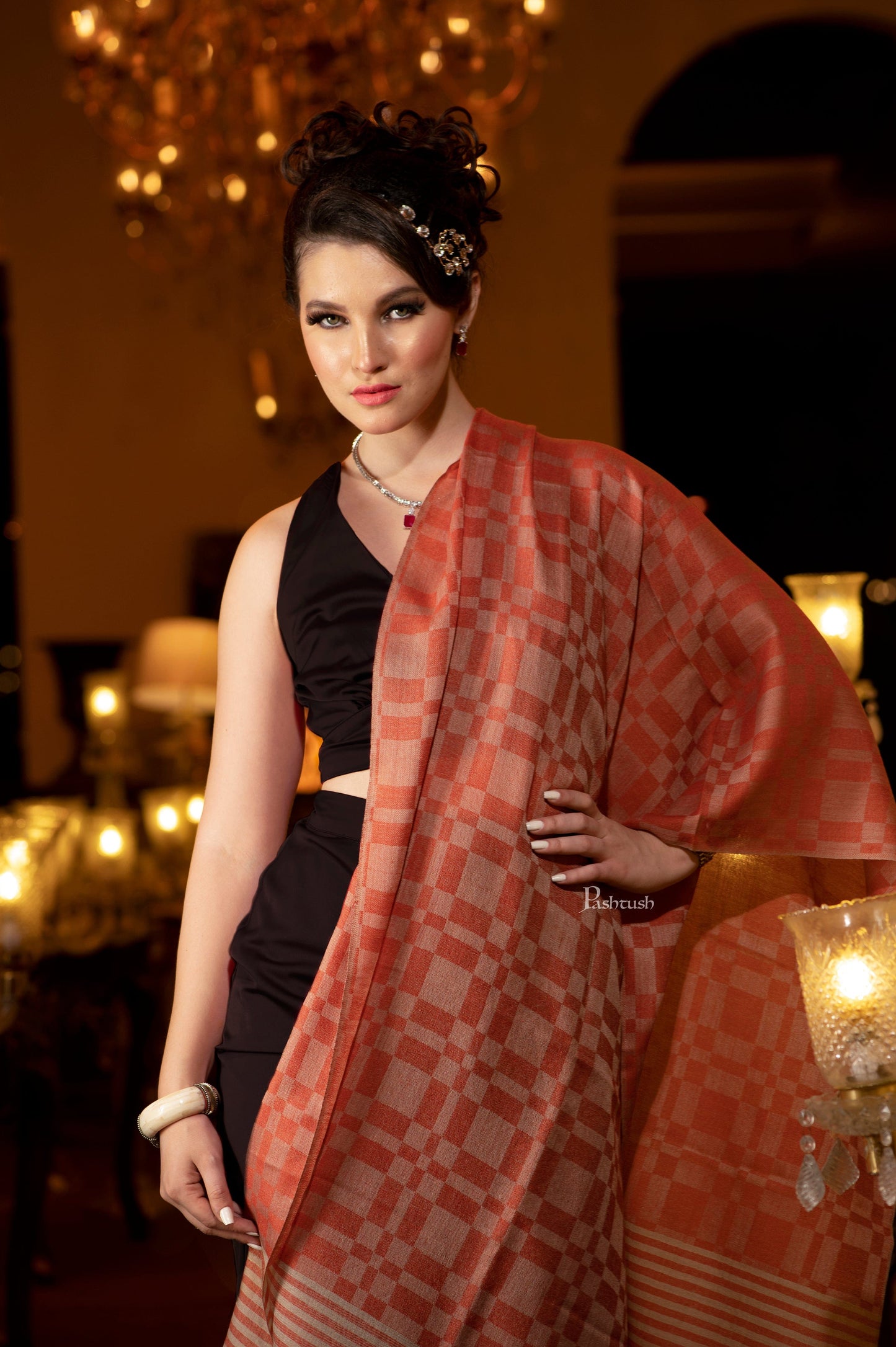 Pashtush India Womens Stoles and Scarves Scarf Pashtush womens Fine Wool Stole, Checkered design, Amber