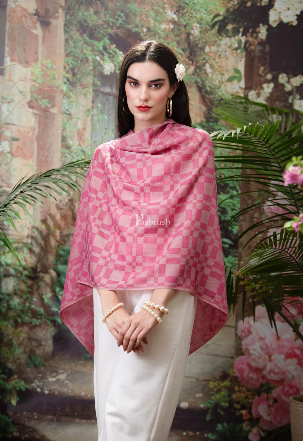 Pashtush India Womens Stoles and Scarves Scarf Pashtush womens Fine Wool Stole, Checkered design, Dark Pink