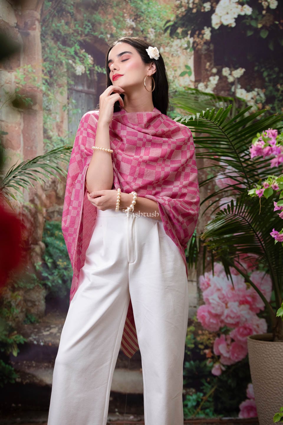 Pashtush India Womens Stoles and Scarves Scarf Pashtush womens Fine Wool Stole, Checkered design, Dark Pink