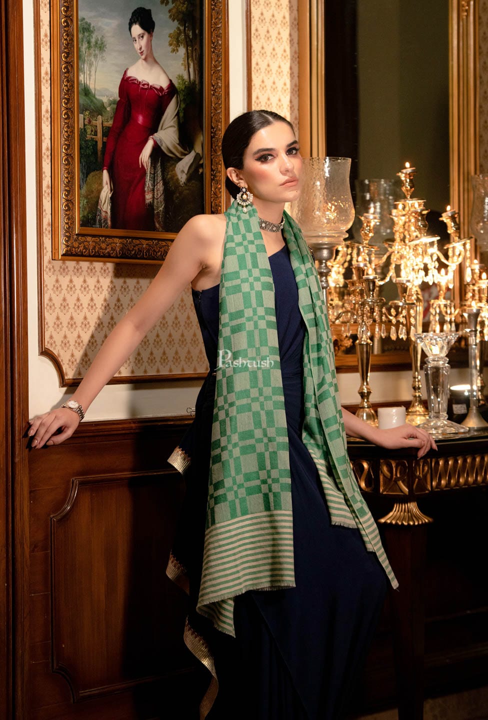 Pashtush India Womens Stoles and Scarves Scarf Pashtush womens Fine Wool Stole, Checkered design, Green
