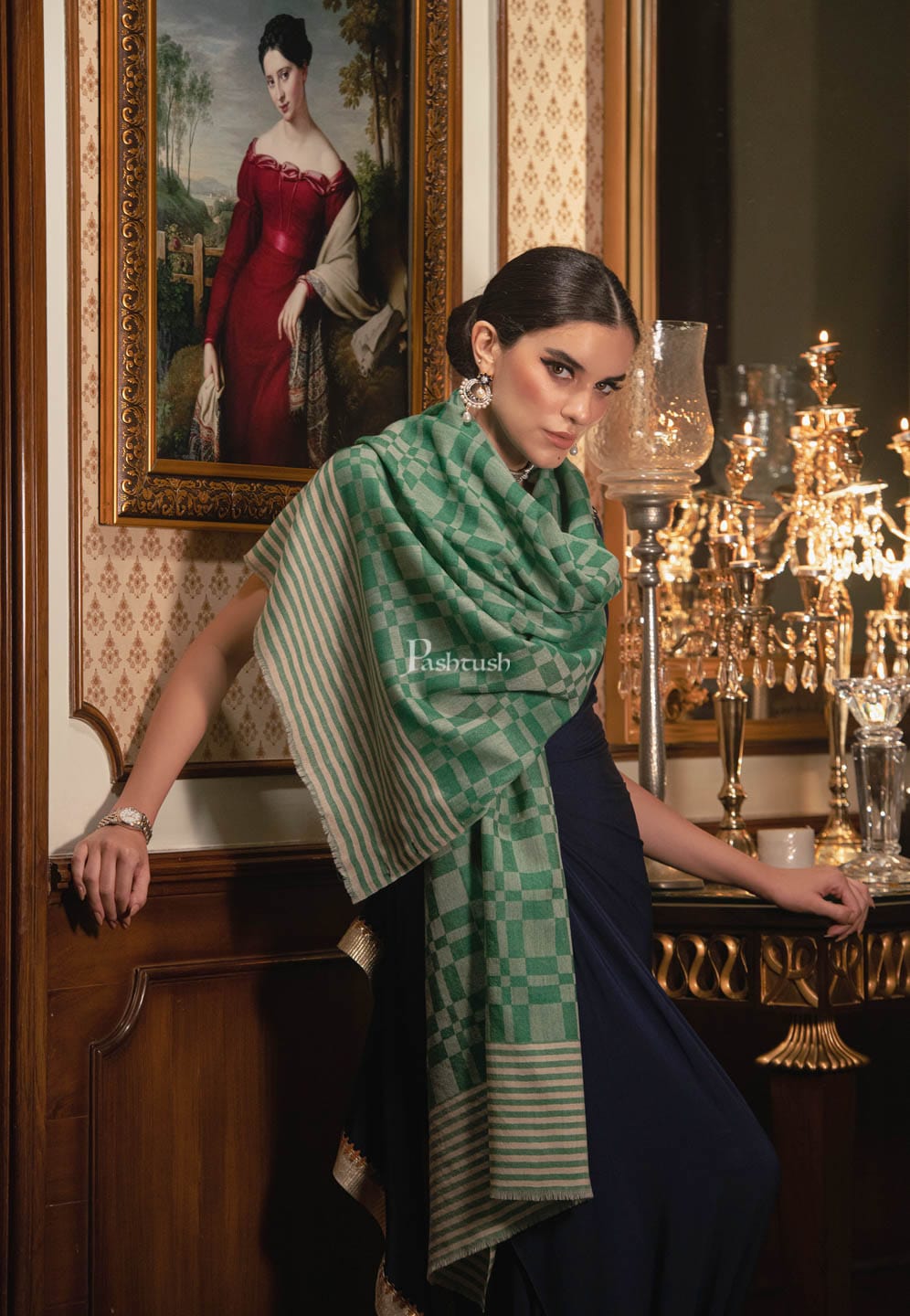 Pashtush India Womens Stoles and Scarves Scarf Pashtush womens Fine Wool Stole, Checkered design, Green