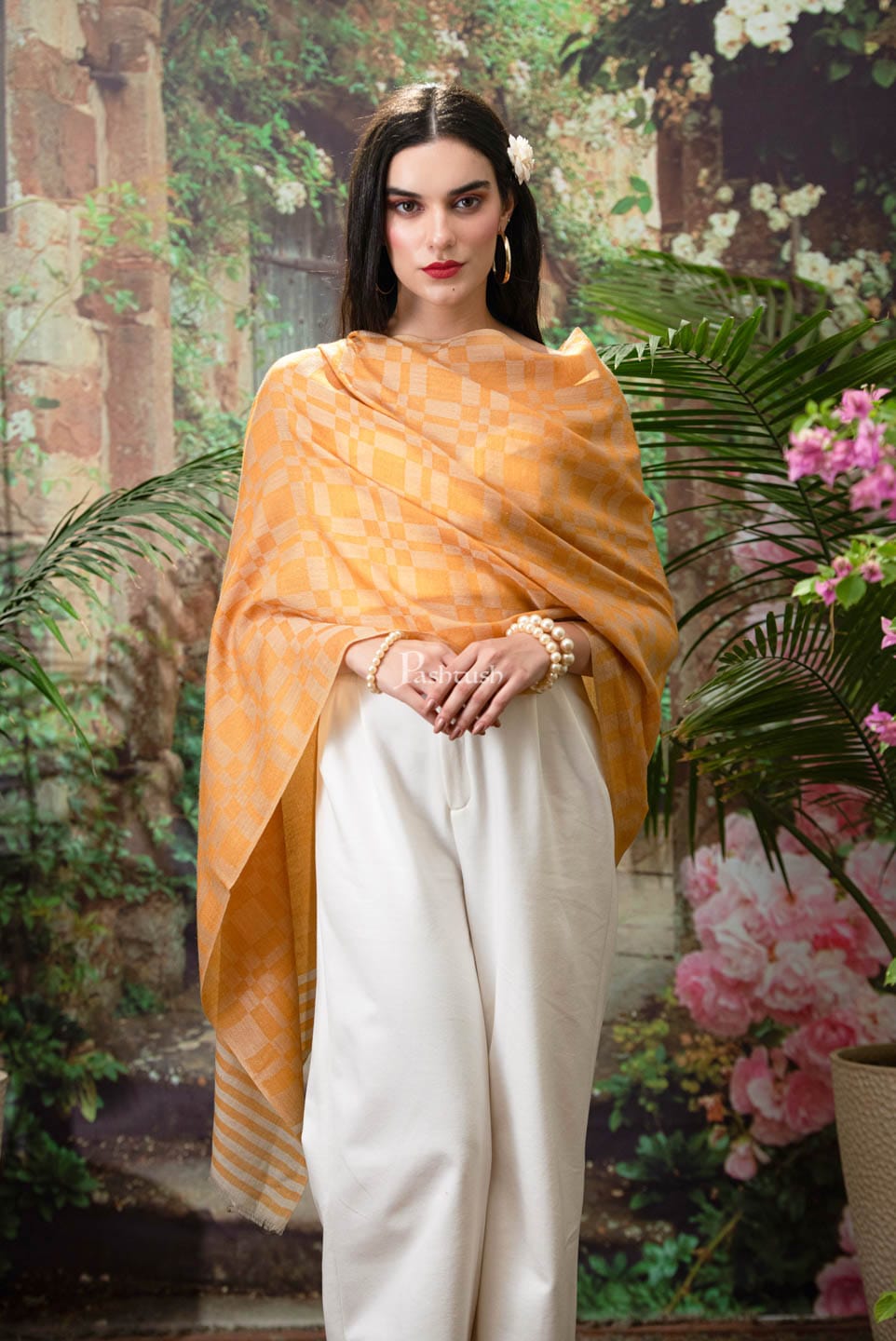 Pashtush India Womens Stoles and Scarves Scarf Pashtush womens Fine Wool Stole, Checkered design, Mustard