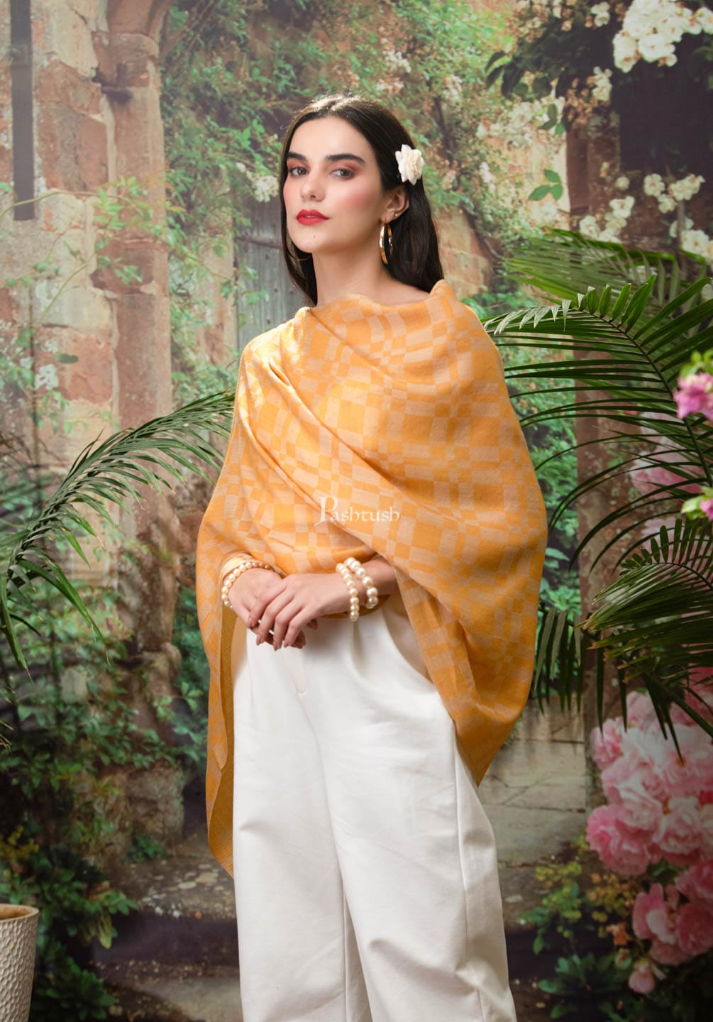 Pashtush India Womens Stoles and Scarves Scarf Pashtush womens Fine Wool Stole, Checkered design, Mustard