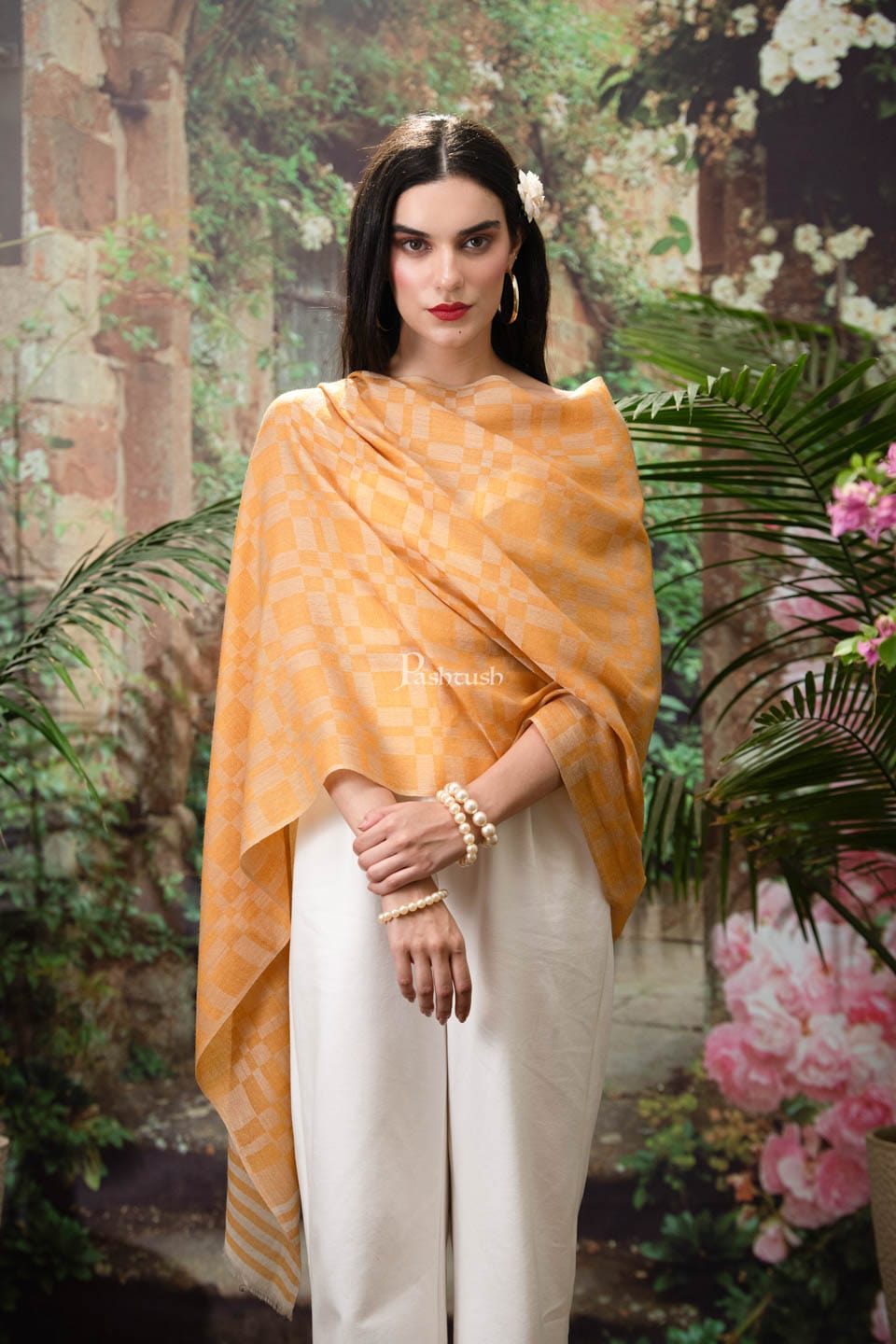 Pashtush India Womens Stoles and Scarves Scarf Pashtush womens Fine Wool Stole, Checkered design, Mustard