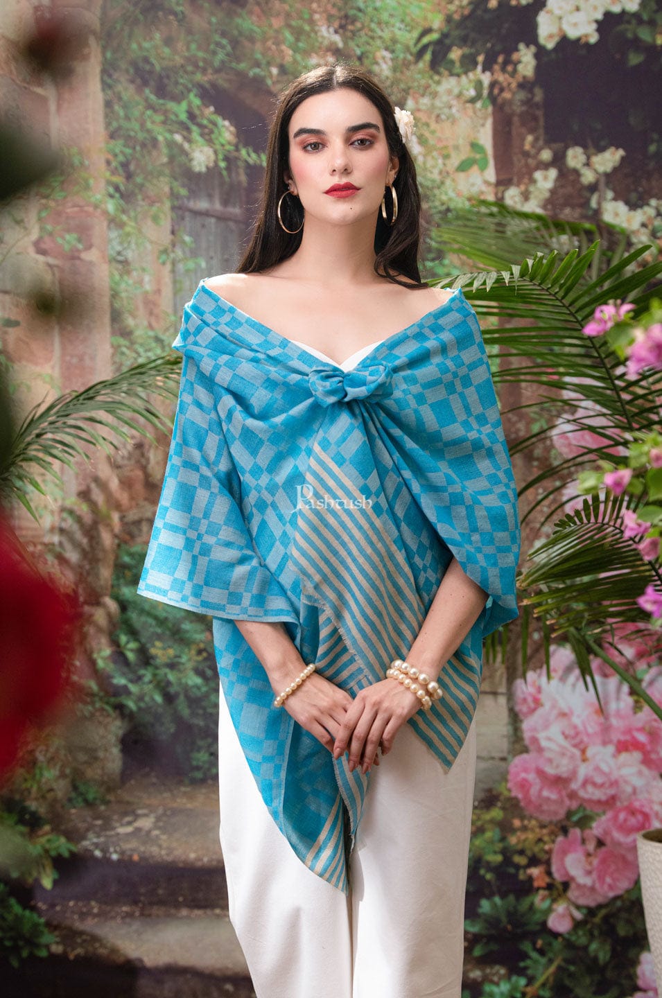 Pashtush India Womens Stoles and Scarves Scarf Pashtush womens Fine Wool Stole, Checkered design, Turquoise