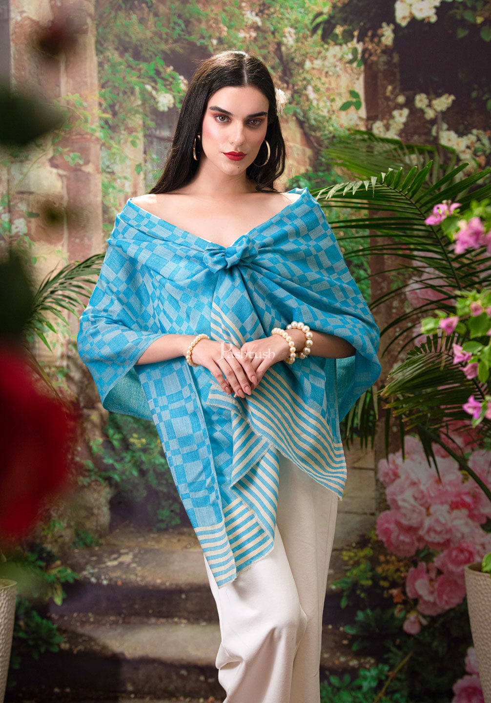 Pashtush India Womens Stoles and Scarves Scarf Pashtush womens Fine Wool Stole, Checkered design, Turquoise