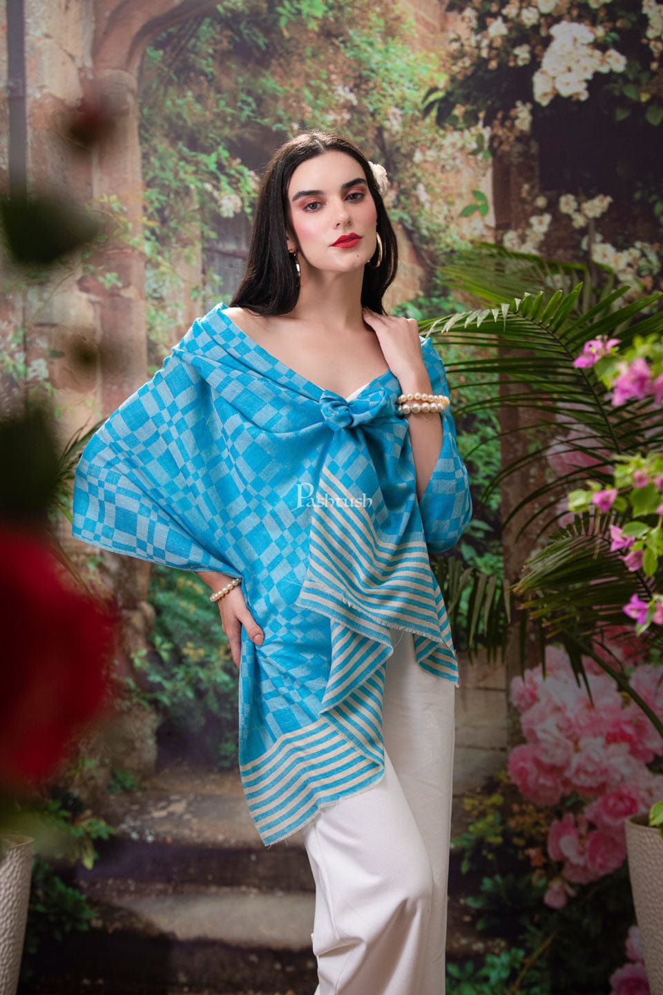 Pashtush India Womens Stoles and Scarves Scarf Pashtush womens Fine Wool Stole, Checkered design, Turquoise
