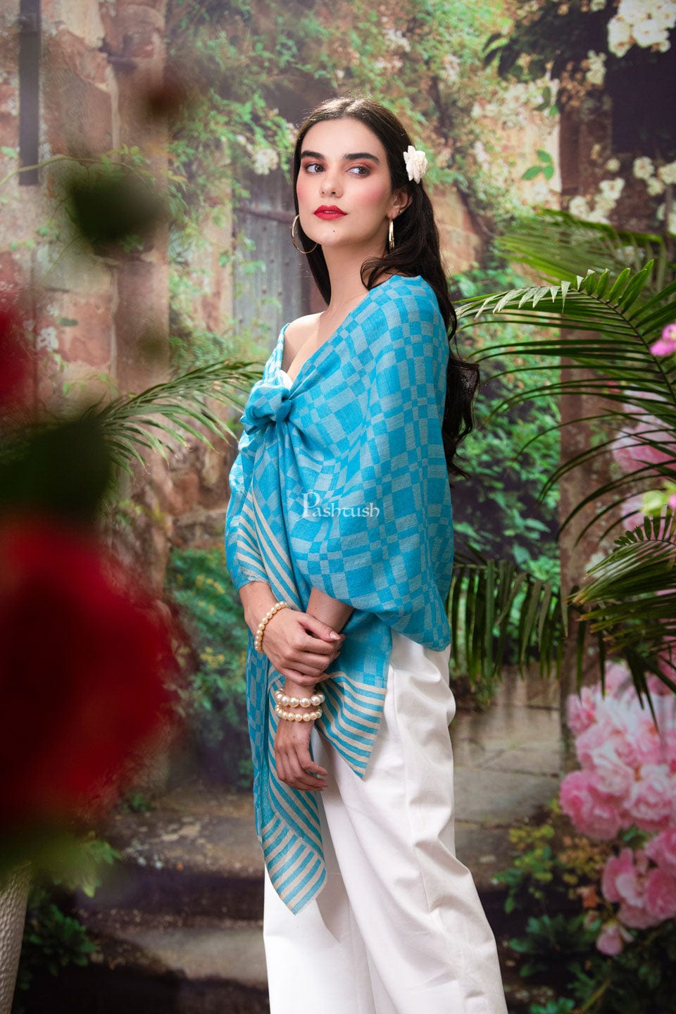 Pashtush India Womens Stoles and Scarves Scarf Pashtush womens Fine Wool Stole, Checkered design, Turquoise