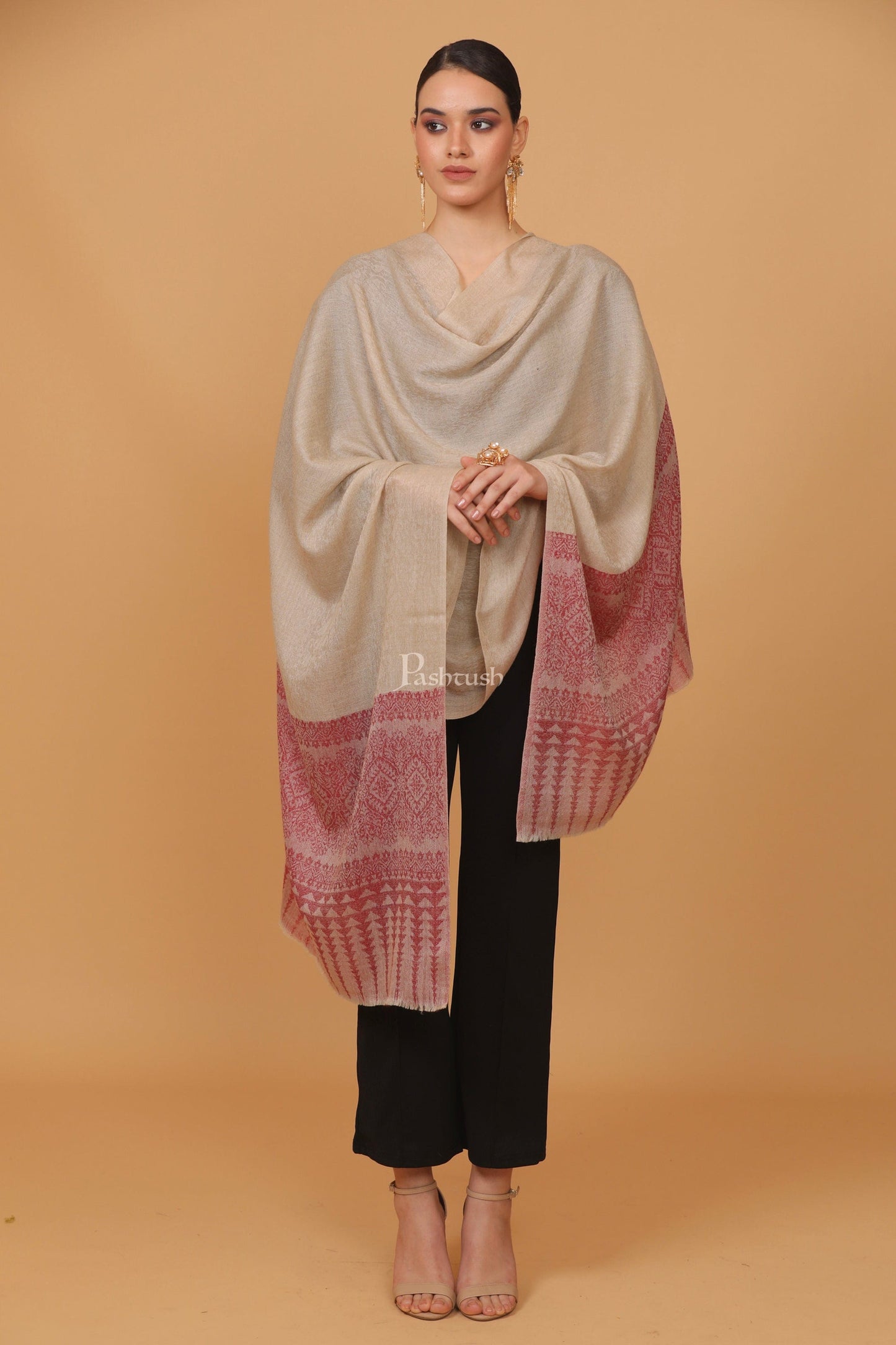 Pashtush India Womens Stoles and Scarves Scarf Pashtush womens Fine Wool stole, diamond weave design, Beige And Maroon