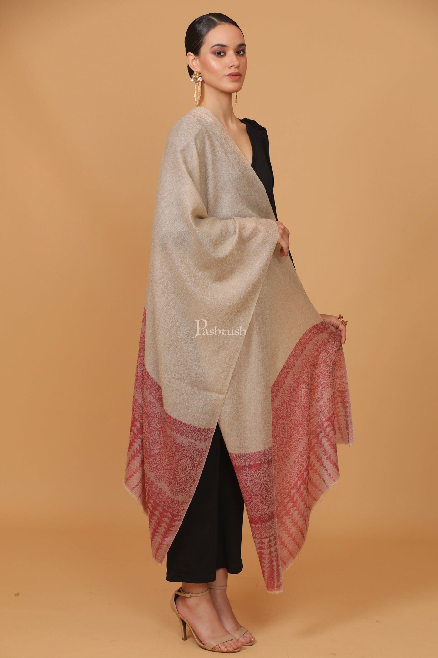 Pashtush India Womens Stoles and Scarves Scarf Pashtush womens Fine Wool stole, diamond weave design, Beige And Maroon