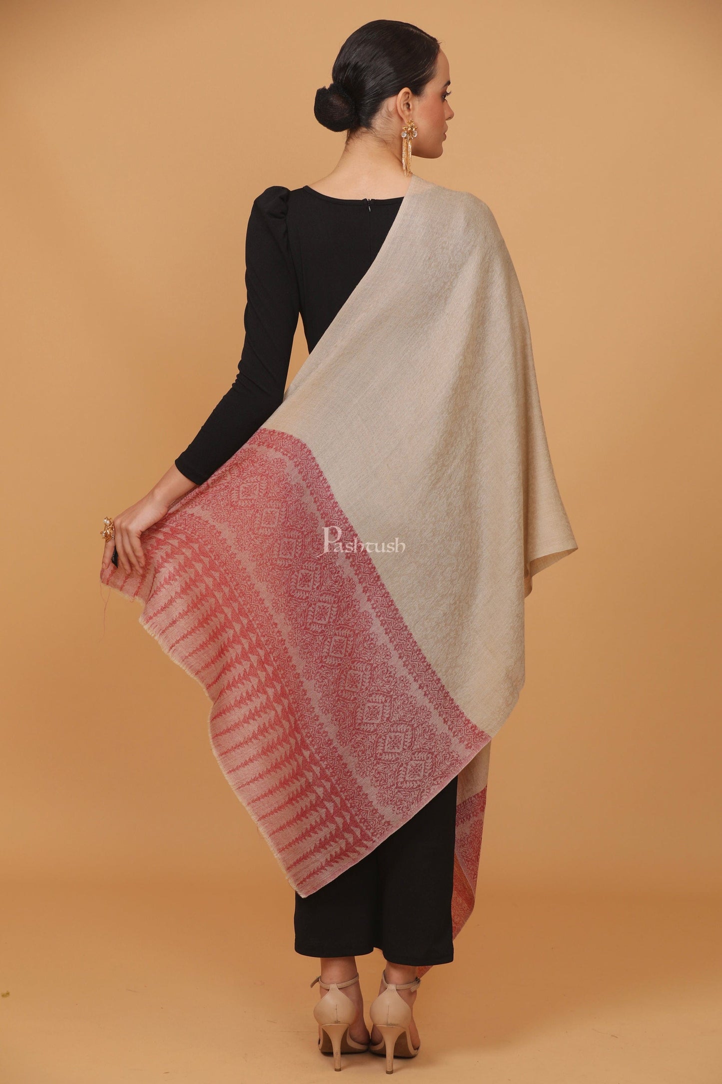 Pashtush India Womens Stoles and Scarves Scarf Pashtush womens Fine Wool stole, diamond weave design, Beige And Maroon