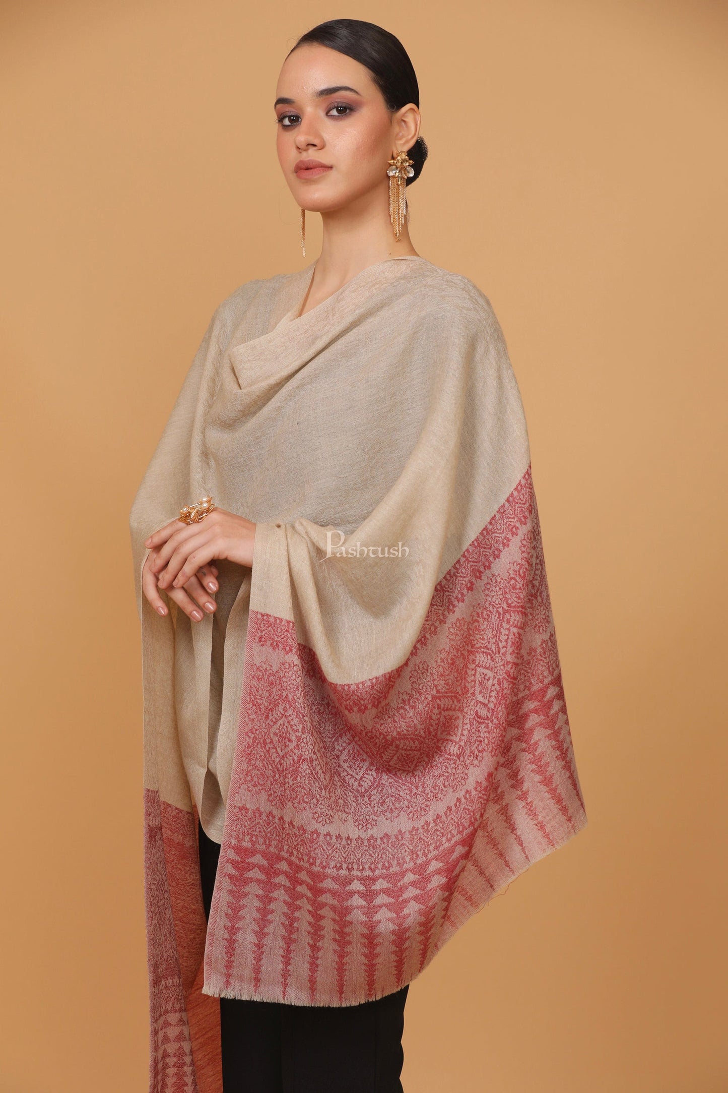 Pashtush India Womens Stoles and Scarves Scarf Pashtush womens Fine Wool stole, diamond weave design, Beige And Maroon