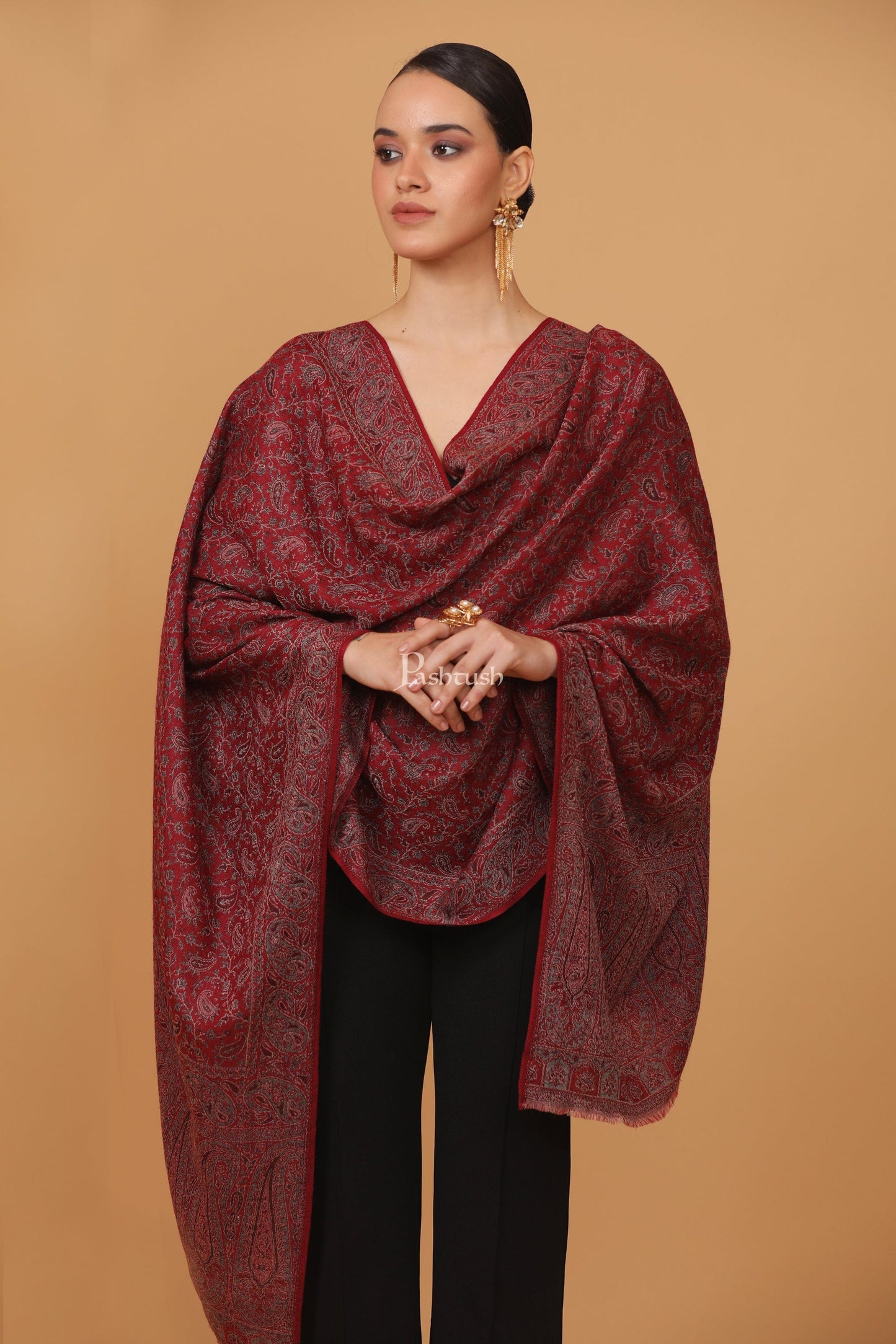 Pashtush India Womens Stoles and Scarves Scarf Pashtush womens Fine Wool stole, ethnic palla design, Maroon