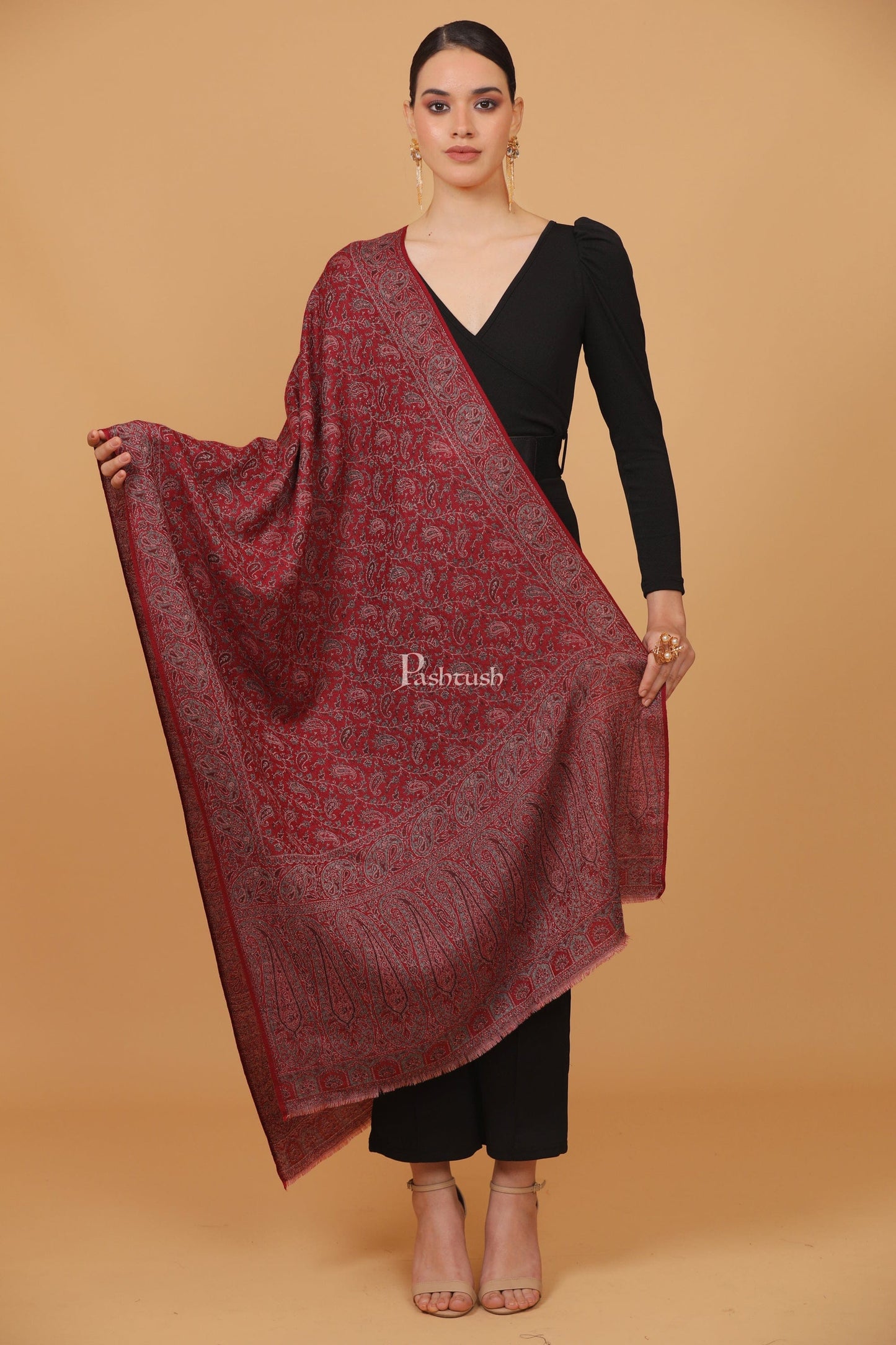 Pashtush India Womens Stoles and Scarves Scarf Pashtush womens Fine Wool stole, ethnic palla design, Maroon