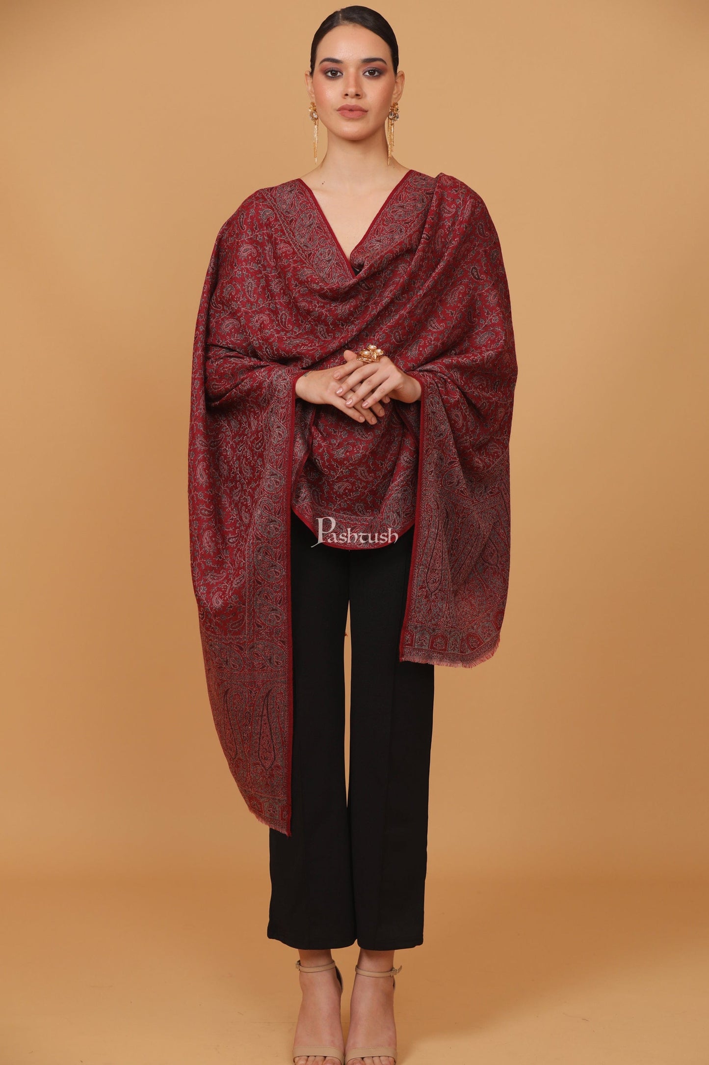 Pashtush India Womens Stoles and Scarves Scarf Pashtush womens Fine Wool stole, ethnic palla design, Maroon