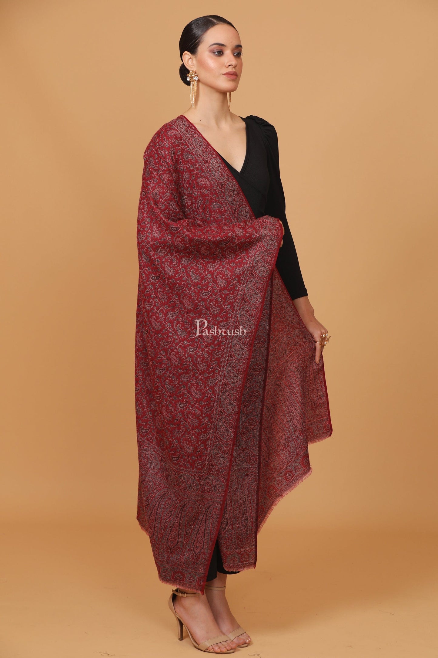 Pashtush India Womens Stoles and Scarves Scarf Pashtush womens Fine Wool stole, ethnic palla design, Maroon