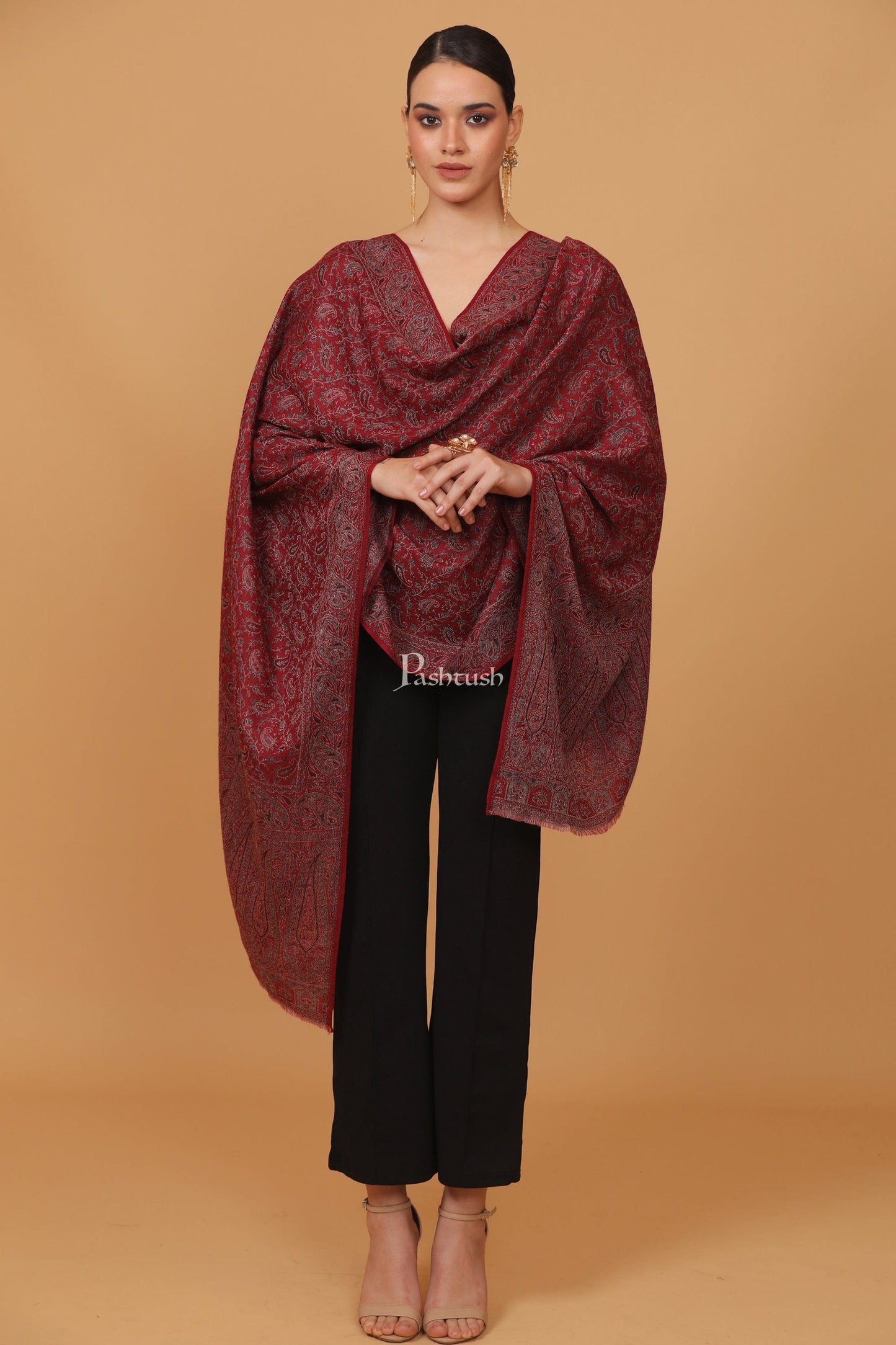 Pashtush India Womens Stoles and Scarves Scarf Pashtush womens Fine Wool stole, ethnic palla design, Maroon