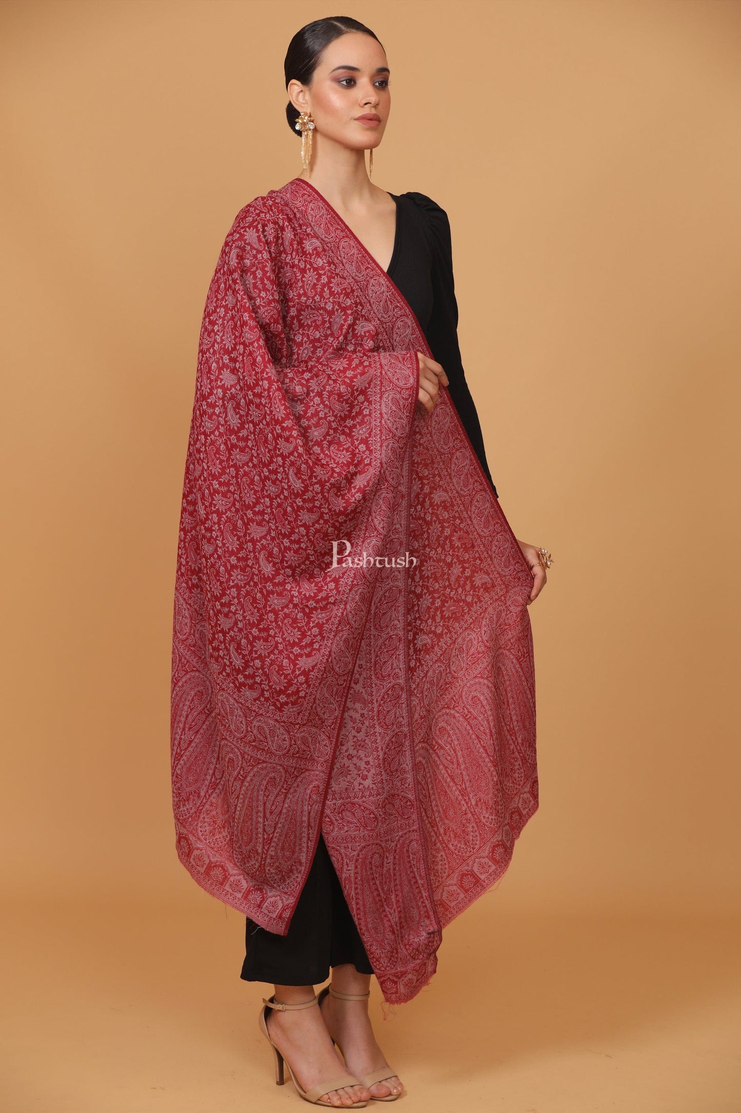 Pashtush India Womens Stoles and Scarves Scarf Pashtush womens Fine Wool stole, ethnic weave design, Maroon