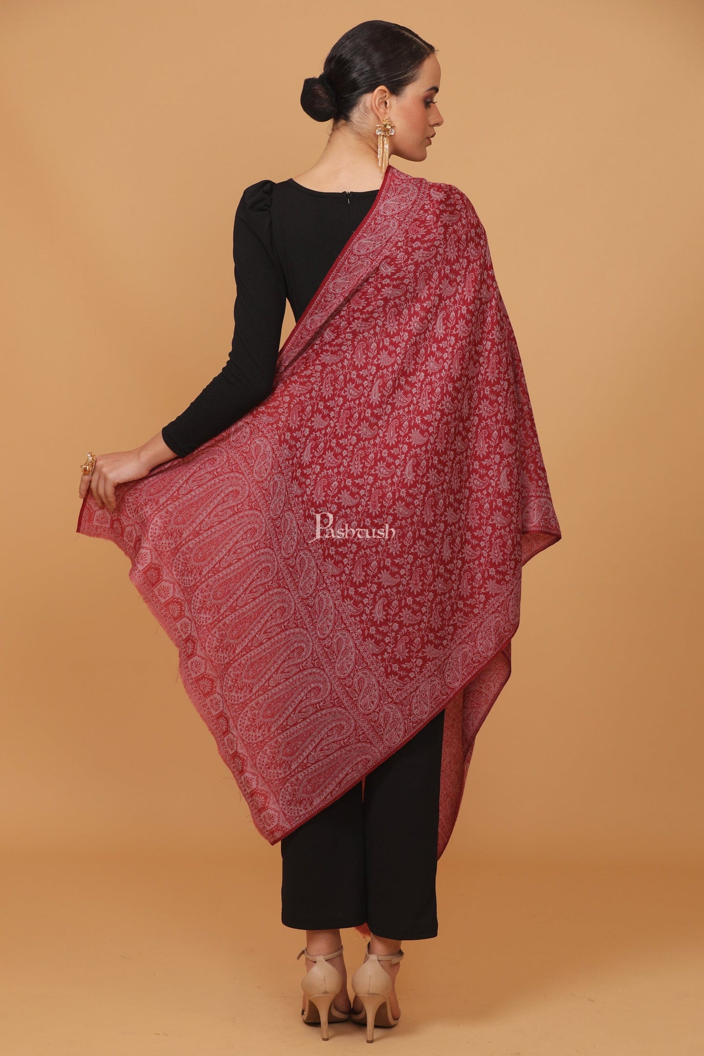 Pashtush India Womens Stoles and Scarves Scarf Pashtush womens Fine Wool stole, ethnic weave design, Maroon