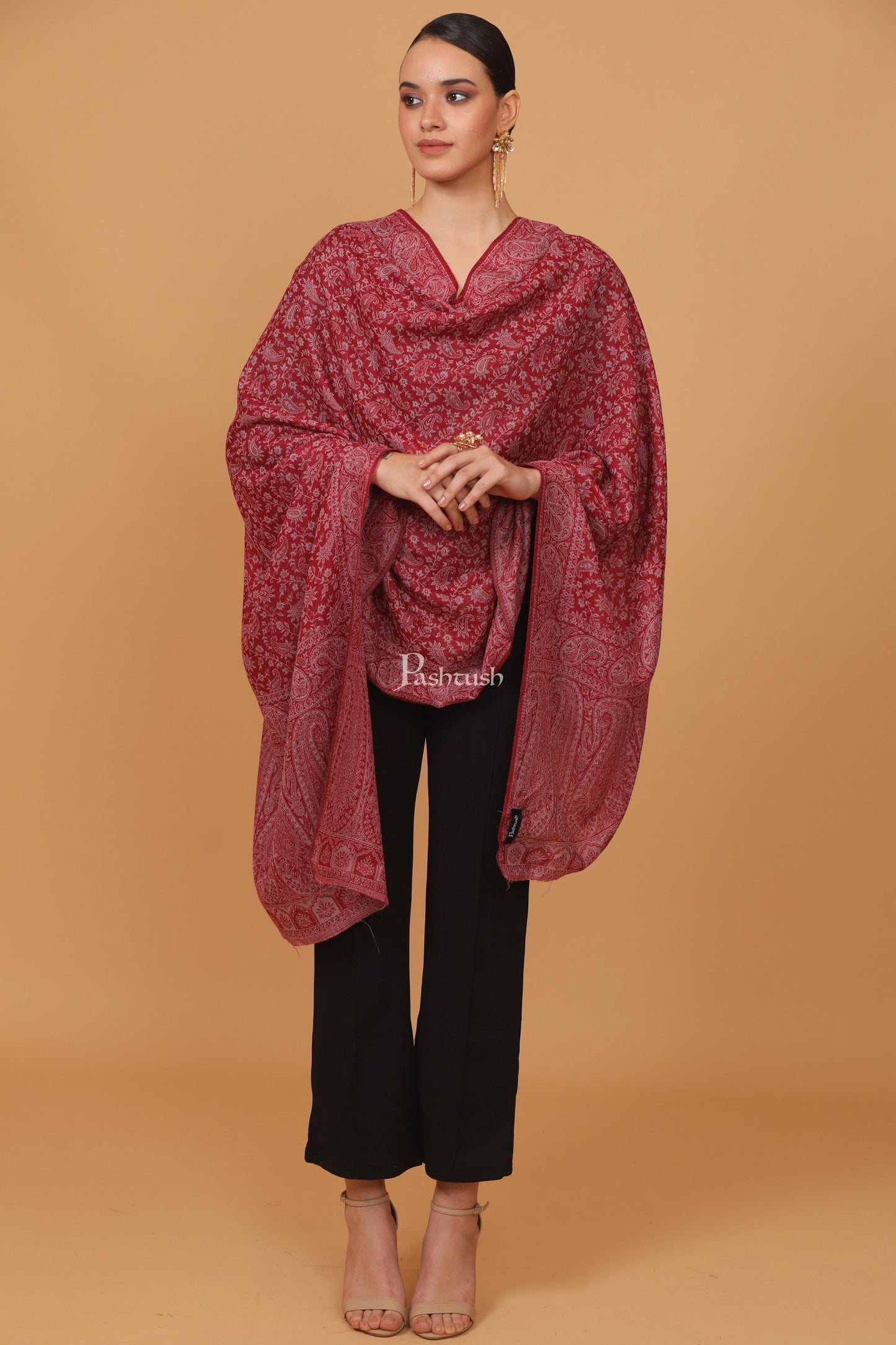 Pashtush India Womens Stoles and Scarves Scarf Pashtush womens Fine Wool stole, ethnic weave design, Maroon
