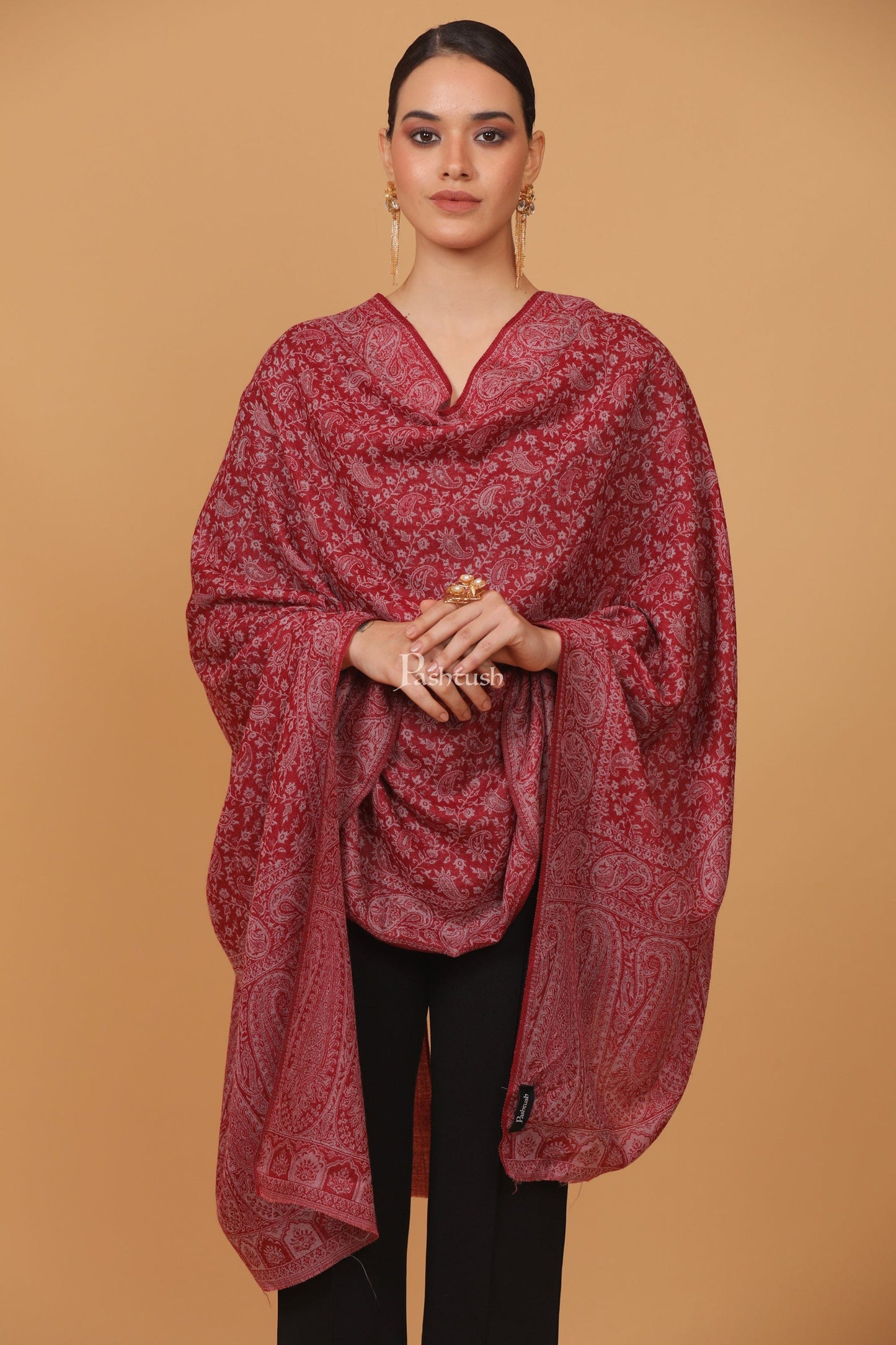 Pashtush India Womens Stoles and Scarves Scarf Pashtush womens Fine Wool stole, ethnic weave design, Maroon