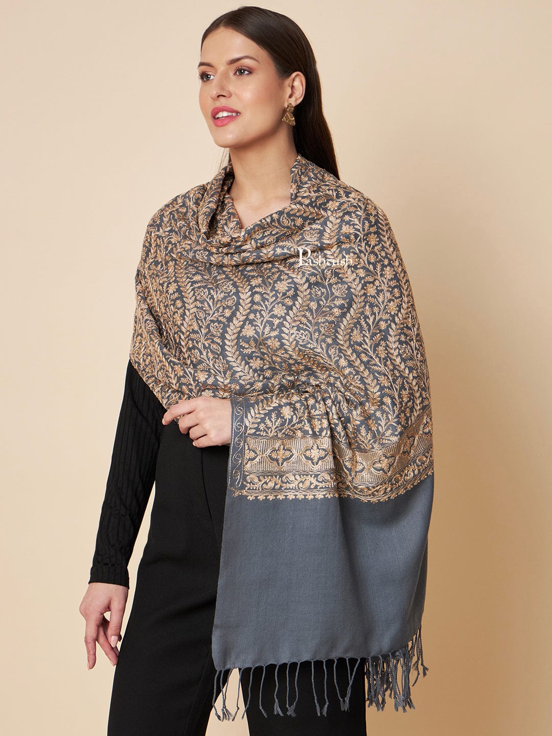 Pashtush India Womens Stoles and Scarves Scarf Pashtush Womens Fine Wool Stole, Fine Nalki Embroidery Design, Dark Grey