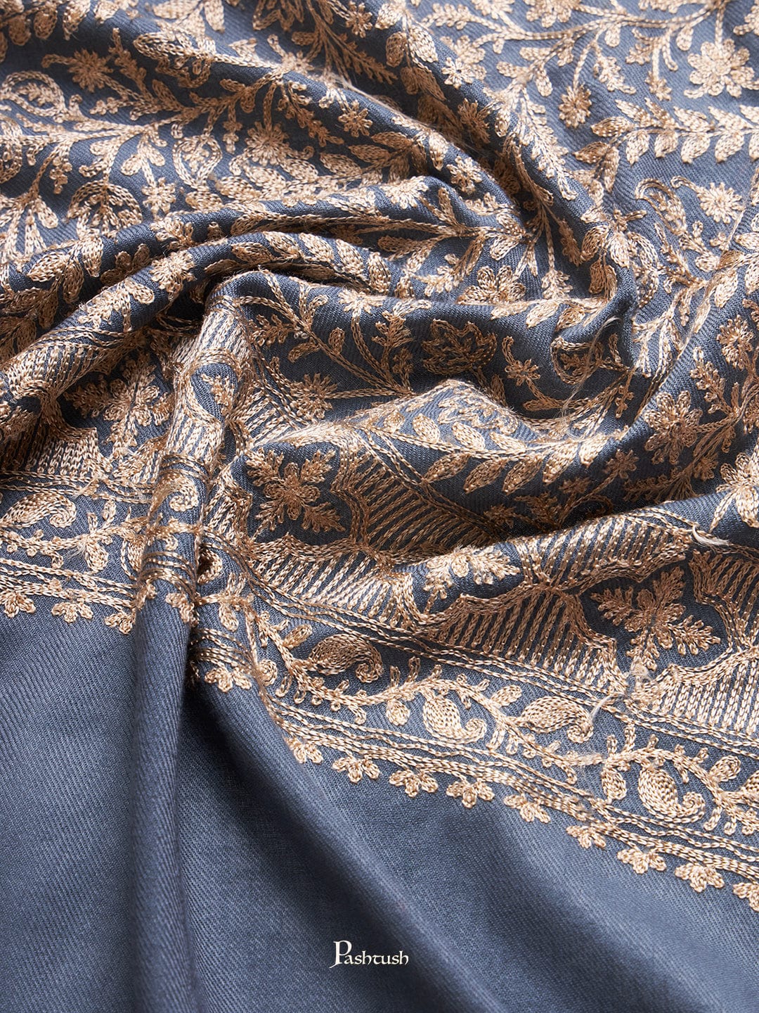 Pashtush India Womens Stoles and Scarves Scarf Pashtush Womens Fine Wool Stole, Fine Nalki Embroidery Design, Dark Grey