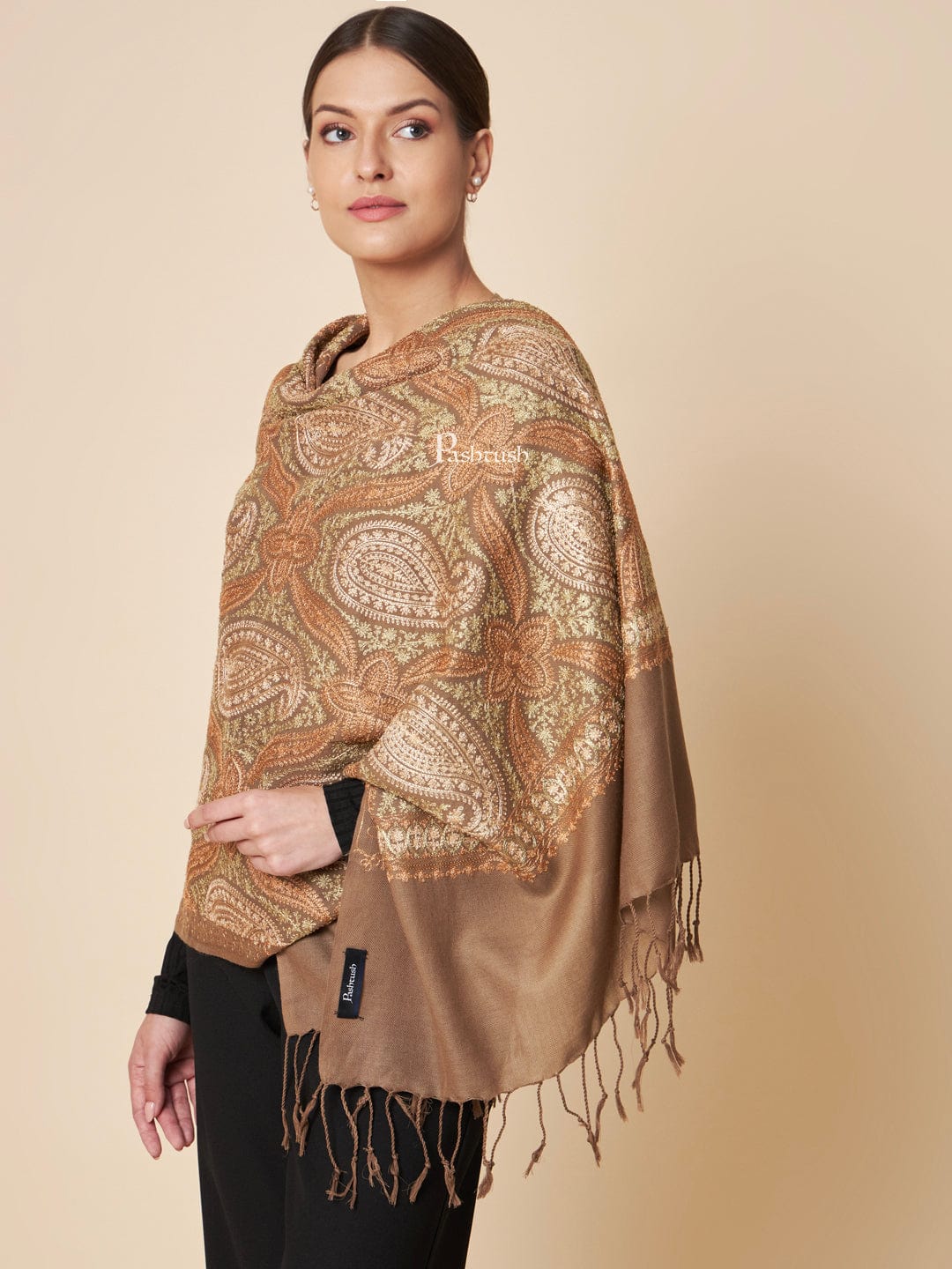 Pashtush India Womens Stoles and Scarves Scarf Pashtush Womens Fine Wool Stole, Fine Two Tone Nalki Embroidery Design, Taupe