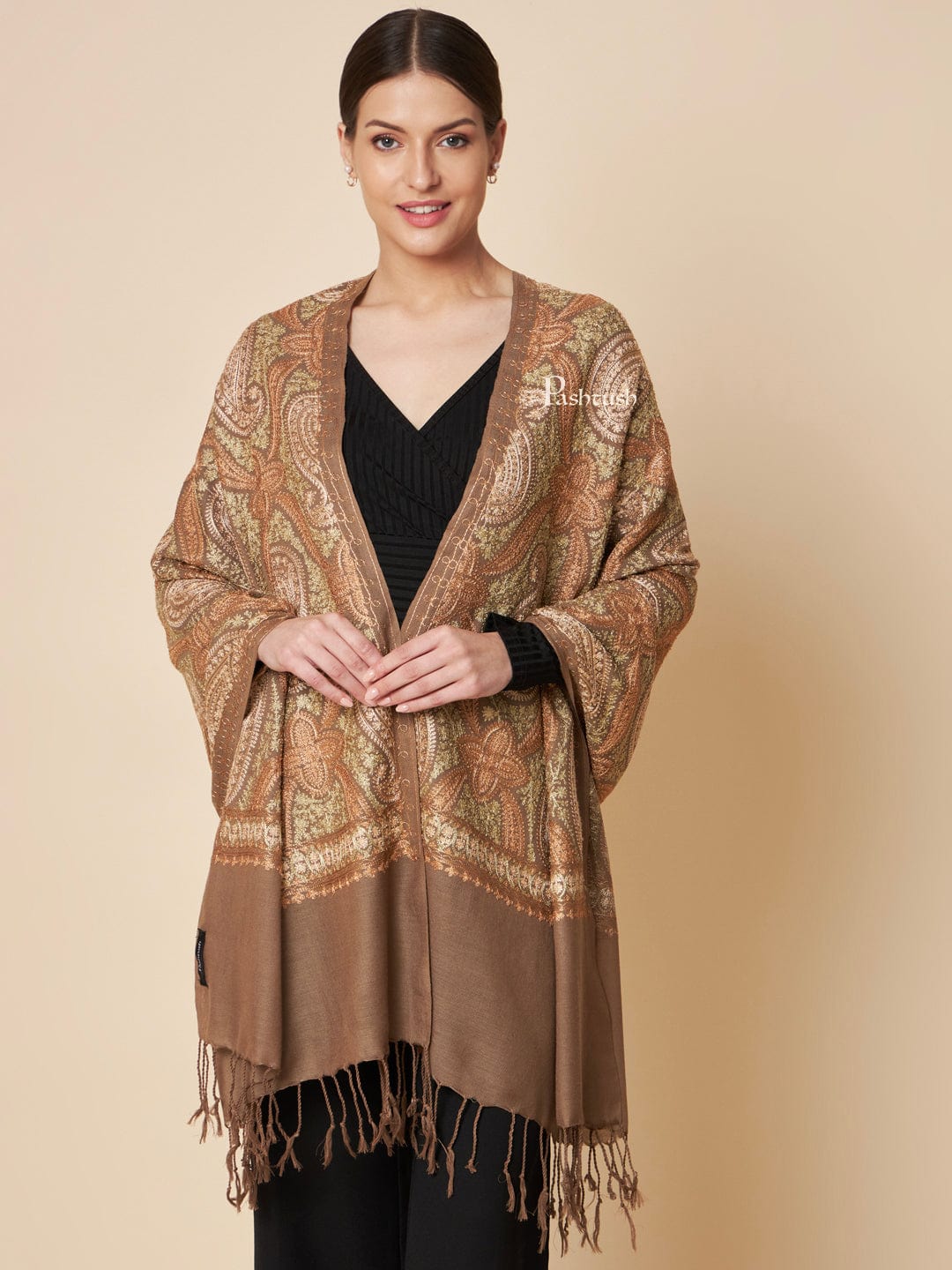 Pashtush India Womens Stoles and Scarves Scarf Pashtush Womens Fine Wool Stole, Fine Two Tone Nalki Embroidery Design, Taupe