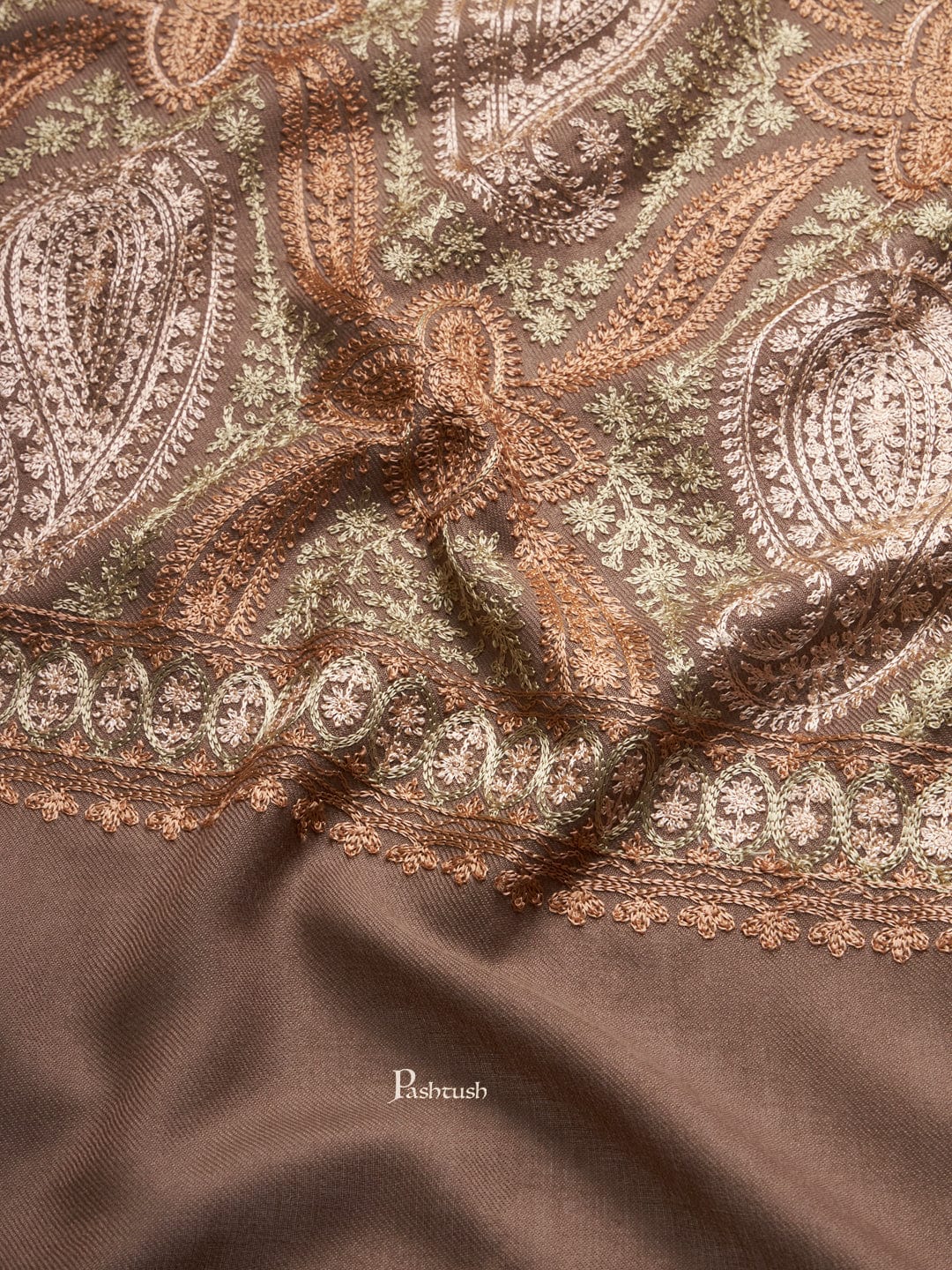 Pashtush India Womens Stoles and Scarves Scarf Pashtush Womens Fine Wool Stole, Fine Two Tone Nalki Embroidery Design, Taupe