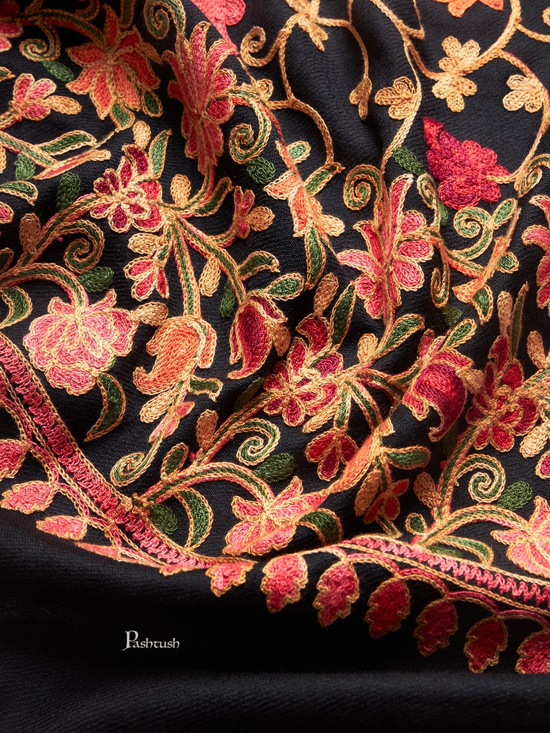 Pashtush India Womens Stoles and Scarves Scarf Pashtush Womens Fine Wool Stole, Floral Aari Embroidery Design, Black