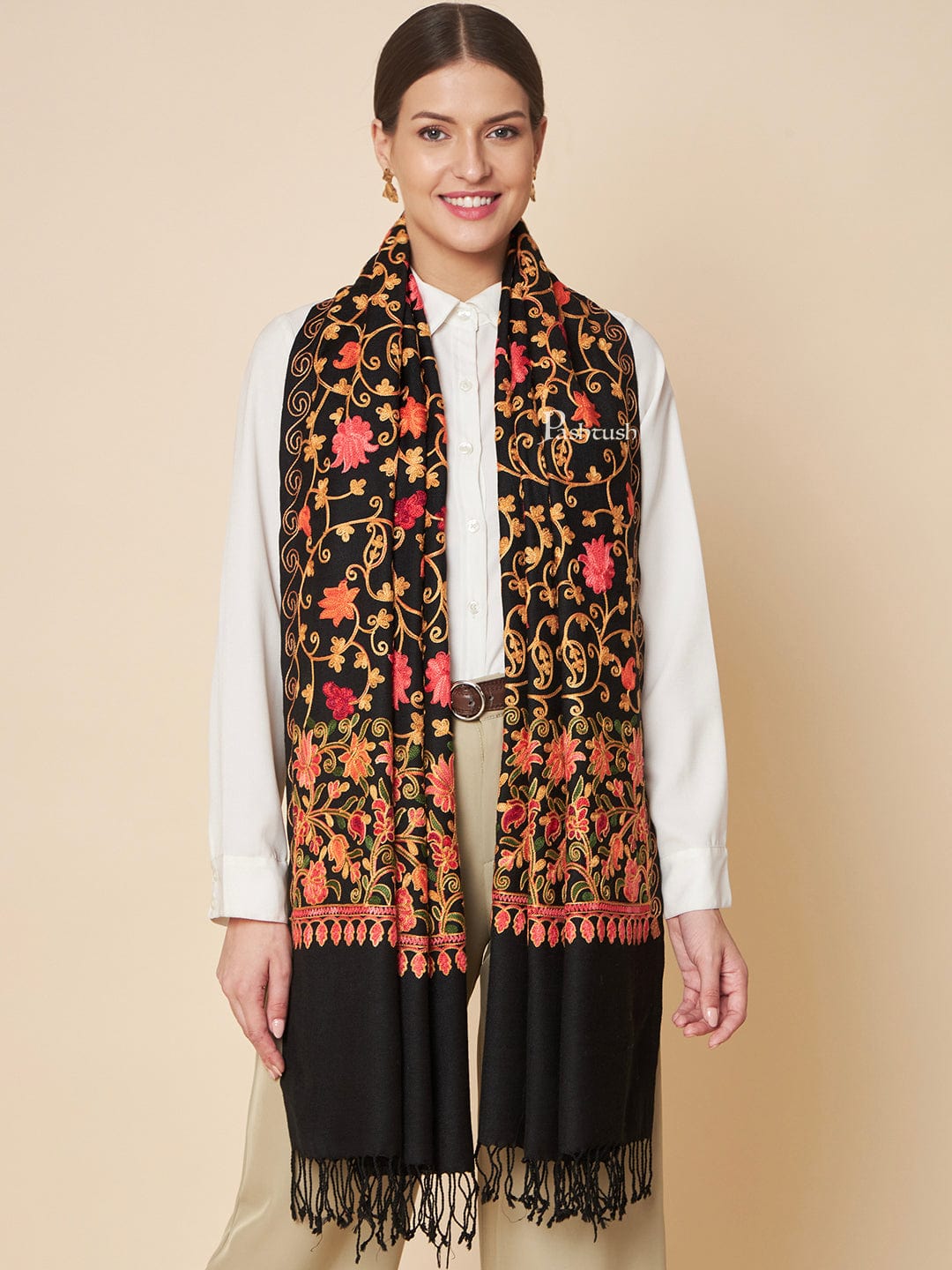 Pashtush India Womens Stoles and Scarves Scarf Pashtush Womens Fine Wool Stole, Floral Aari Embroidery Design, Black