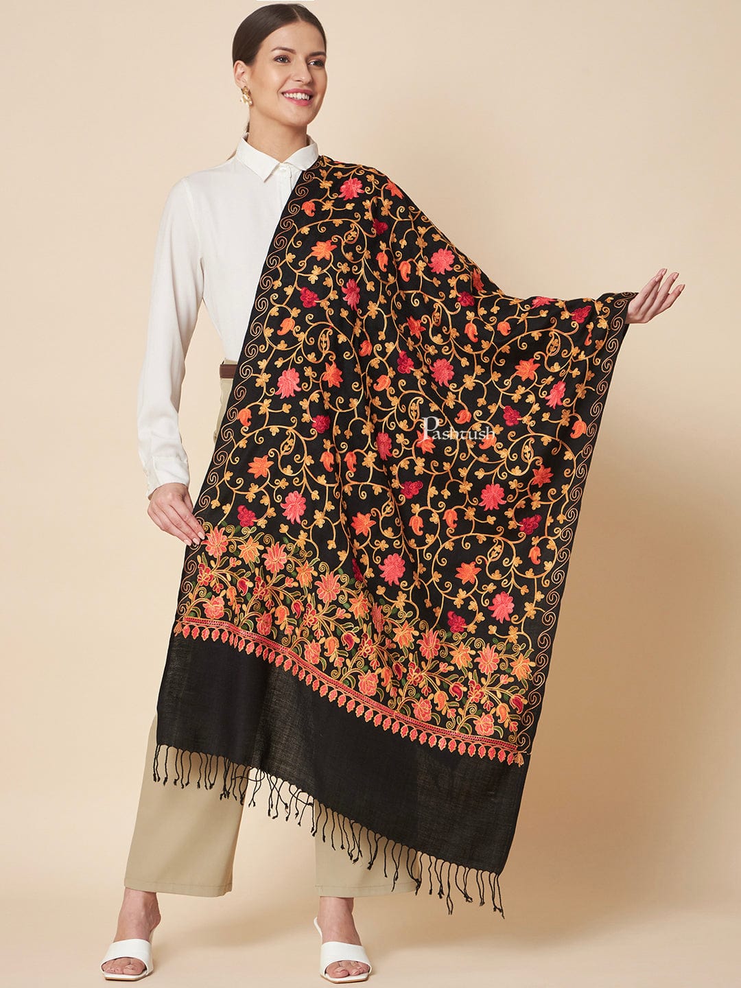 Pashtush India Womens Stoles and Scarves Scarf Pashtush Womens Fine Wool Stole, Floral Aari Embroidery Design, Black