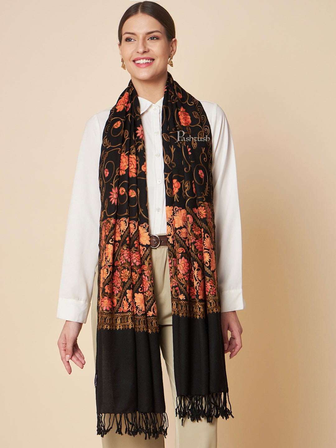 Pashtush India Womens Stoles and Scarves Scarf Pashtush Womens Fine Wool Stole, Floral Aari Embroidery Design, Black