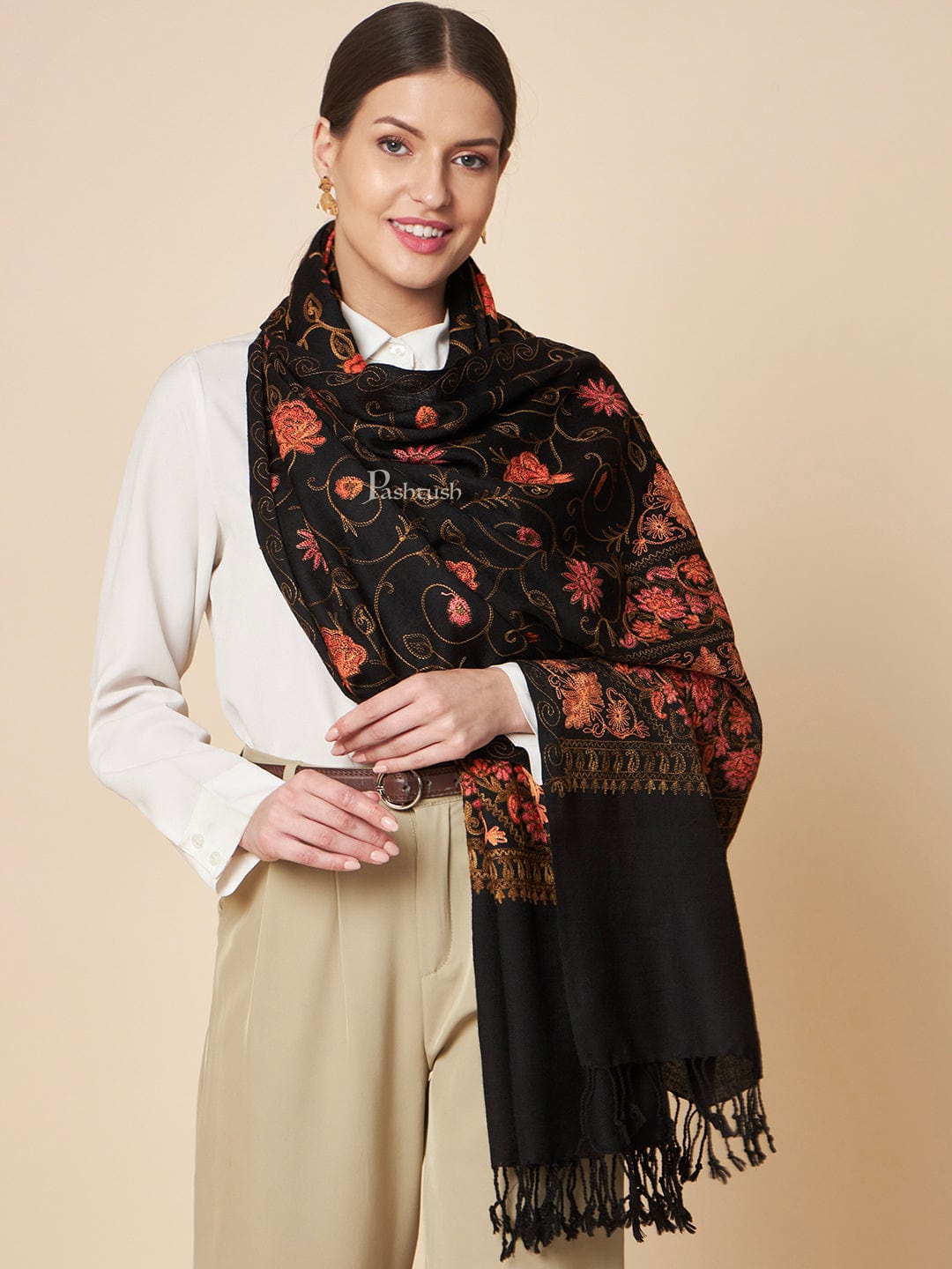 Pashtush India Womens Stoles and Scarves Scarf Pashtush Womens Fine Wool Stole, Floral Aari Embroidery Design, Black